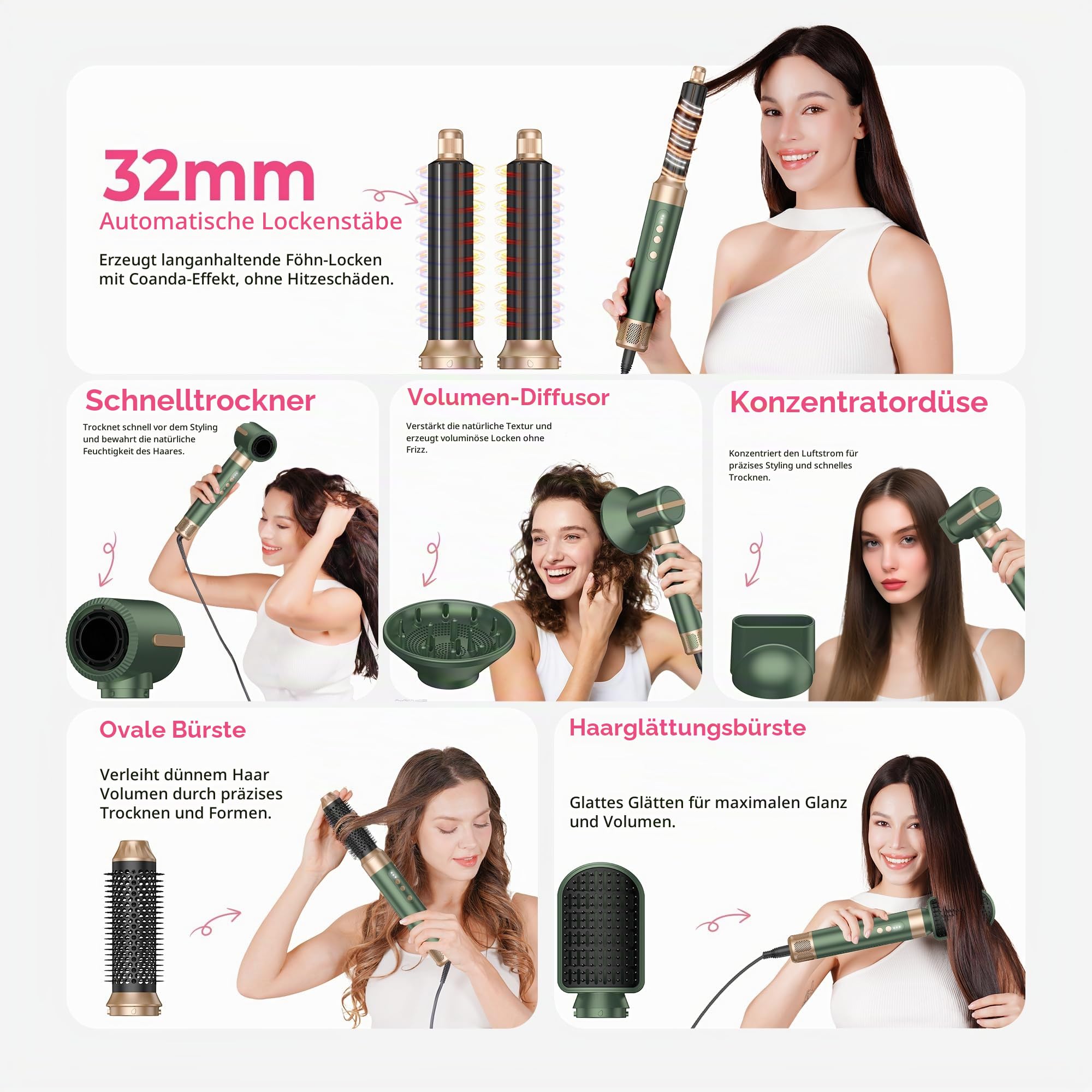 Hair Dryer Brush Airstyler 7 IN 1, 1400W Ionen Haartrockner | Stylingbürsten, Rundbürsten föhn, Haarglätter Bürste, Volumenbürste, Lockenstab, Föhn Diffusor