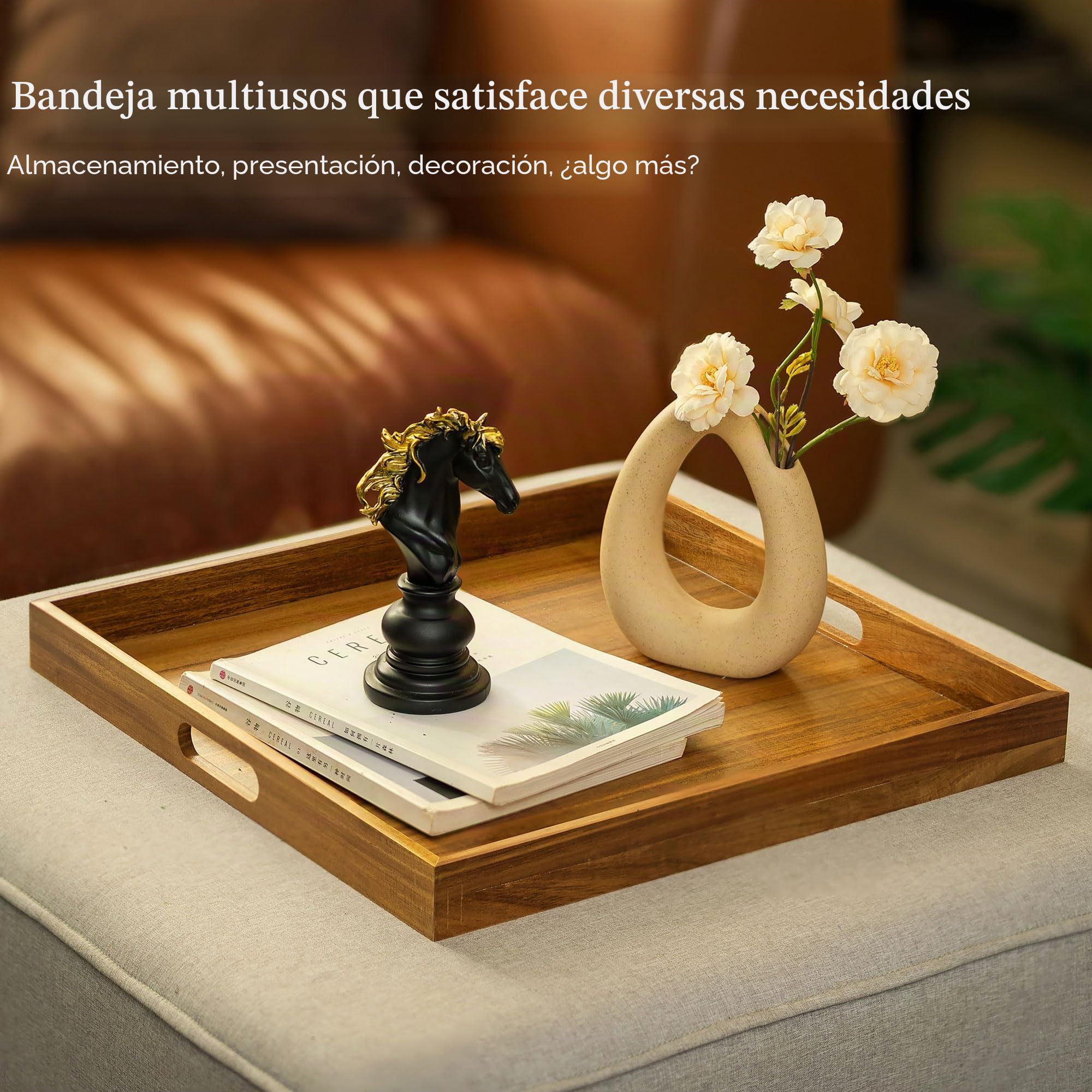Hanobe Bandeja para servir sobre otomana grande: bandejas cuadradas decorativas de madera XXL de 50 cm con asas para mesa de café, decoración rústica para sala de estar
