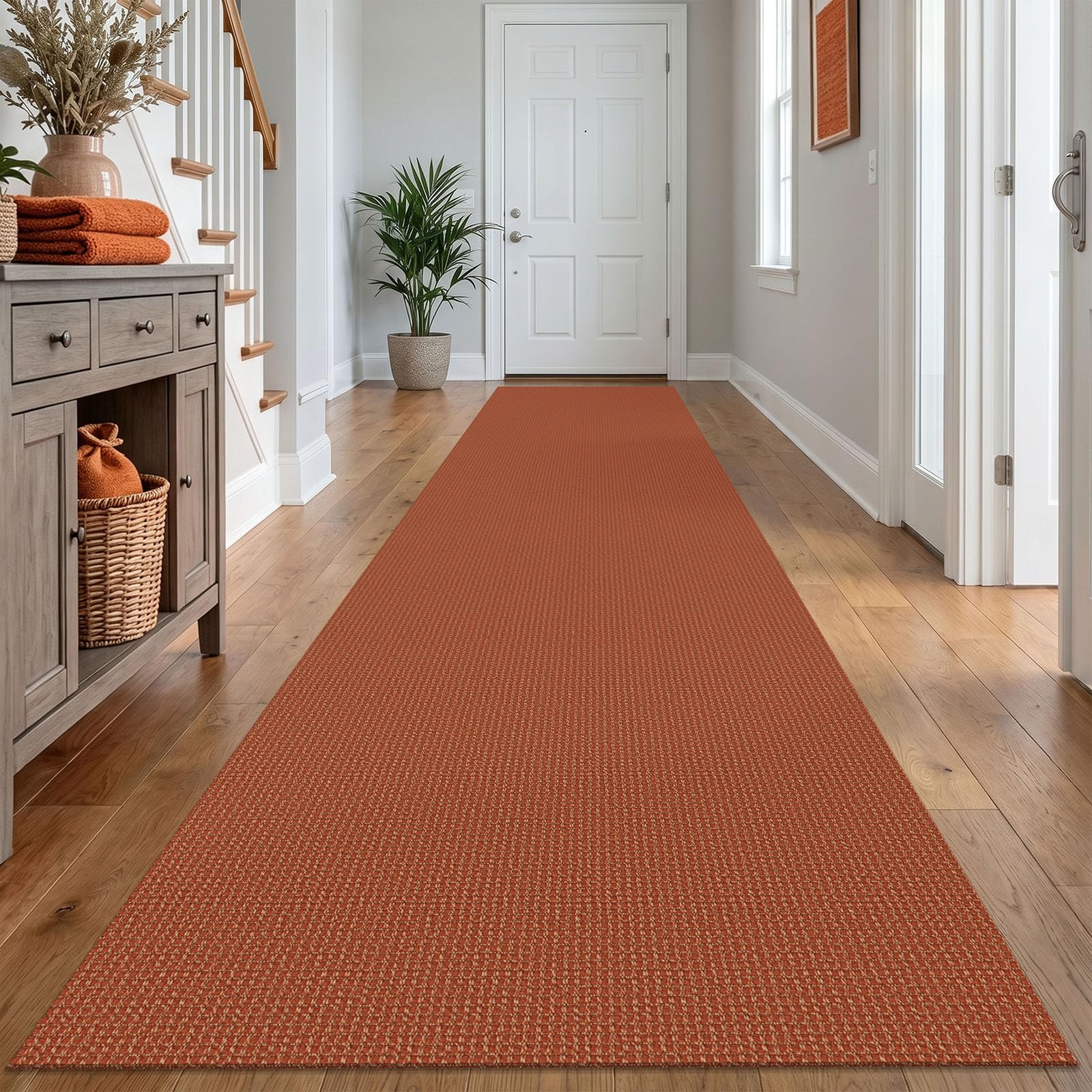 IOHOUZE Washable Exrea Long Hallway Runner Rug 3x14 Non Slip Rubber Backed Kitchen Runner Entryway Runner Indoor, Woven Rugs Floor Carpet for Kitchen Hall Entryway, Burnt Orange/Tan