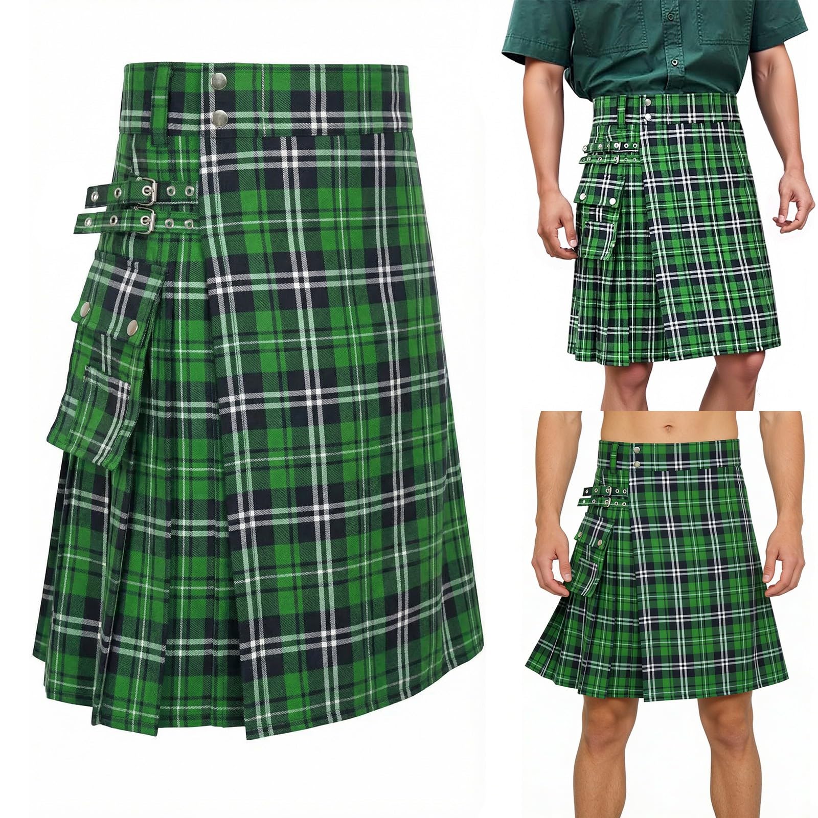 Kilt for Men Traditional Scottish Tartan Adult Men's Scottish Highlander Kilt Irish Fancy Dress Costume Green Tartan St. Patrick's Day Outfit for Burns Night, Halloween, Stag Parties, Cosplay