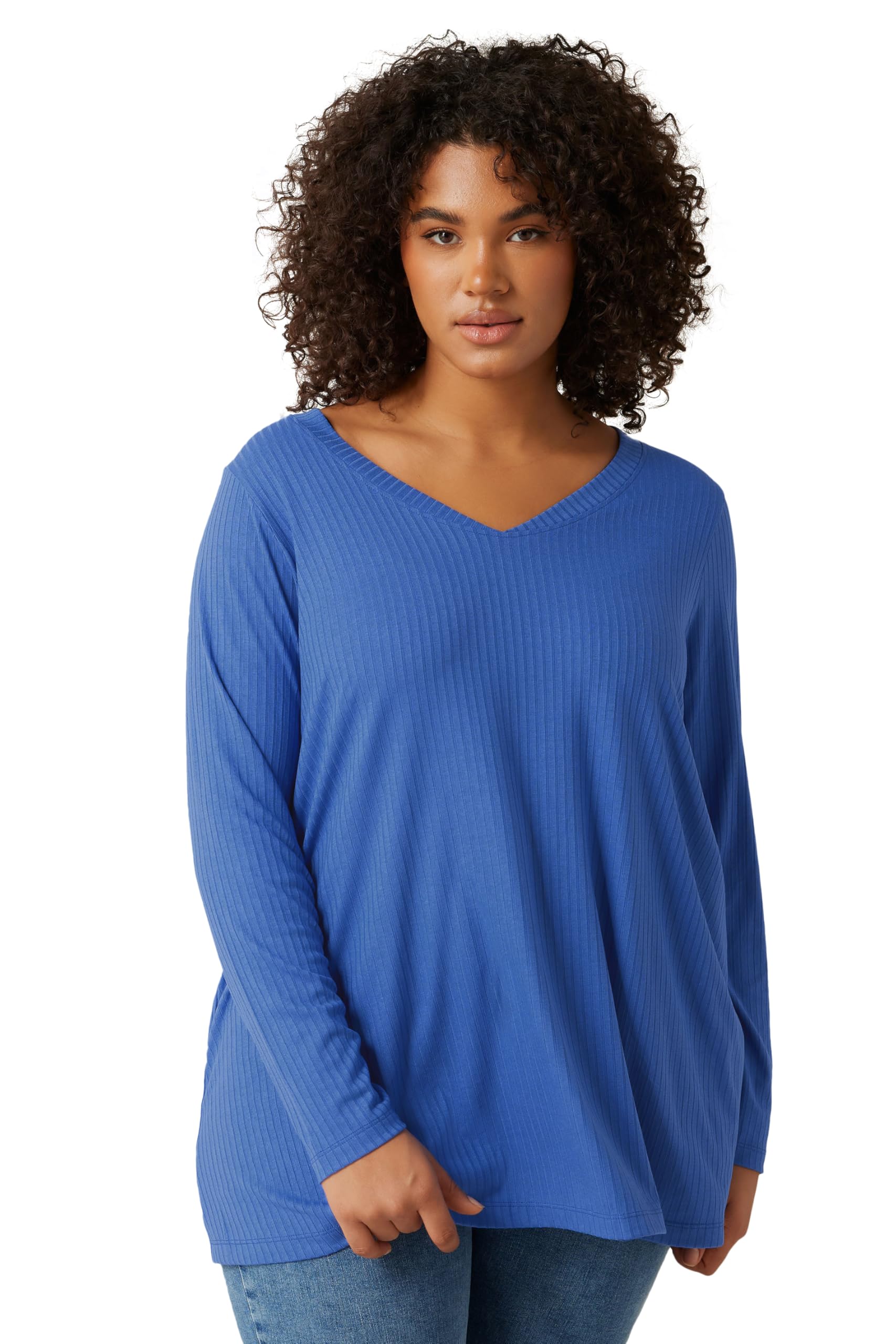 Evans Women's Blue Curve Premium Ribbed Modal Blend Swing Top - Plus Size Curve