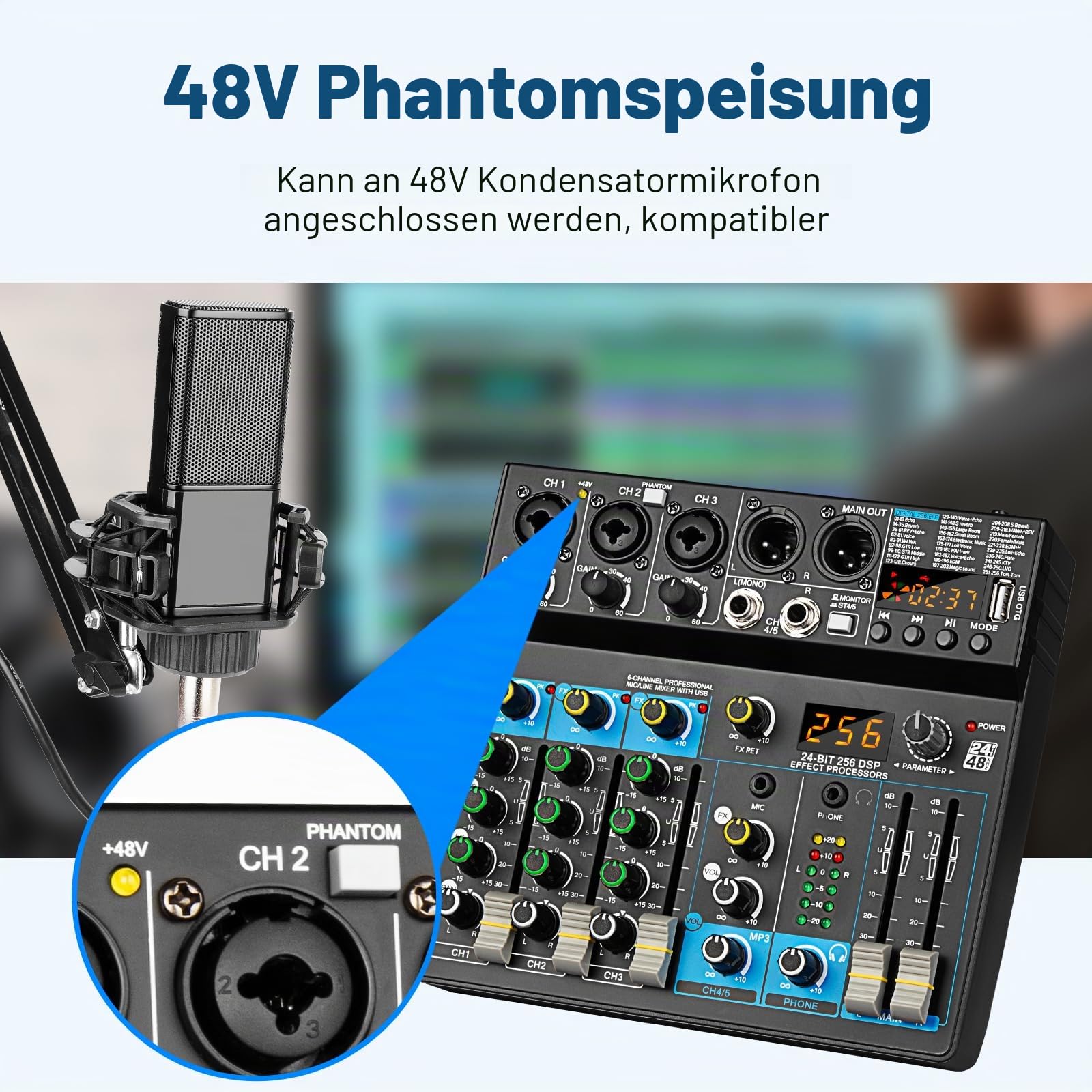 Depusheng Professioneller Audiomixer Digital FX 256-Bit DSP USB Bluetooth MP3 Computer DJ Mixer 5-Kanal-Eingangsschnittstelle mit 48-V-Phantomspeisung für PC-Aufnahme, Live-Streaming, Karaoke