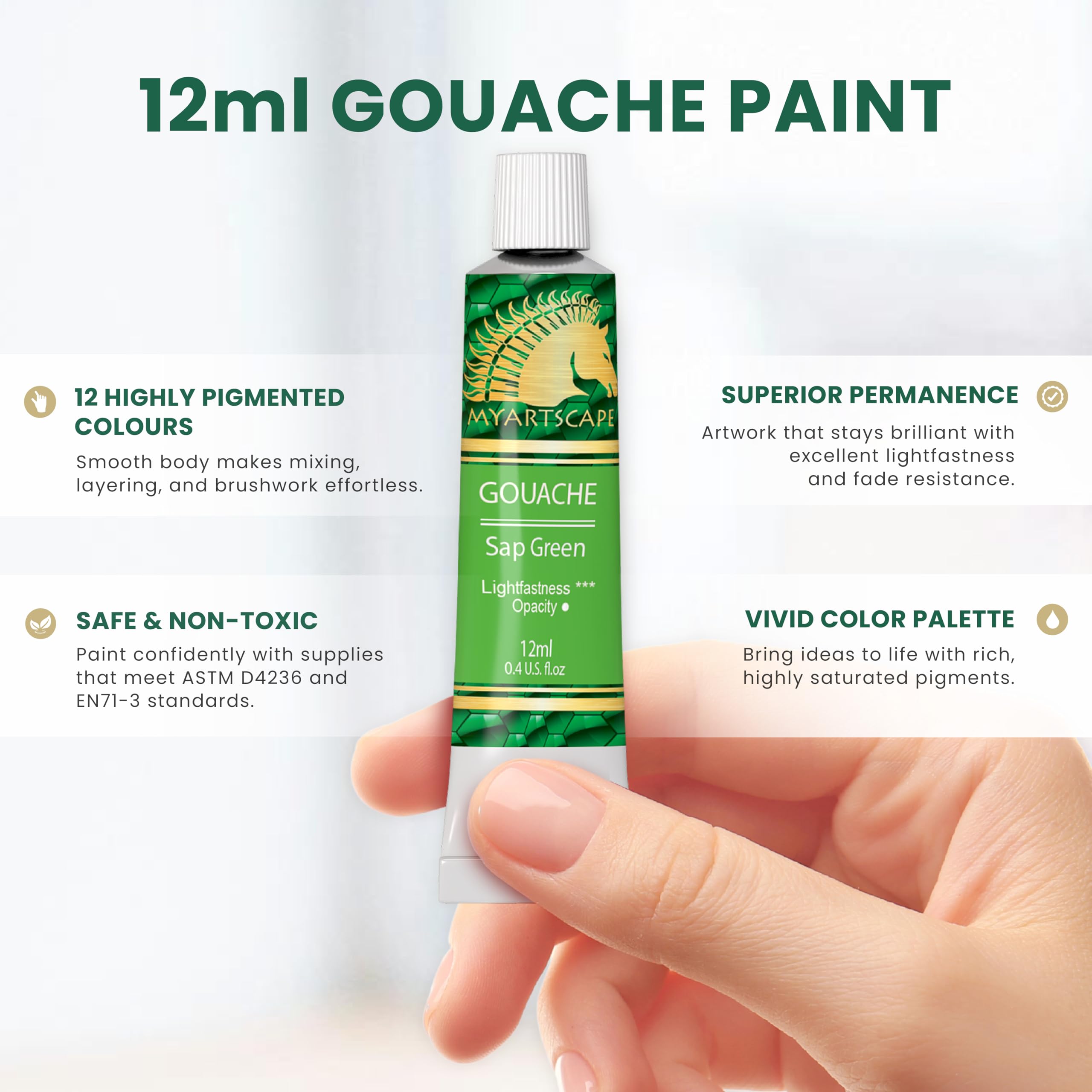 Gouache – 12 x 12 ml tubes – Couleurs pro pour papier aquarelle, Illustration Board & Artboard – Noir et blanc inclus – Fournitures d'art MyArtscape, parfait pour artistes et illustrations de qualité