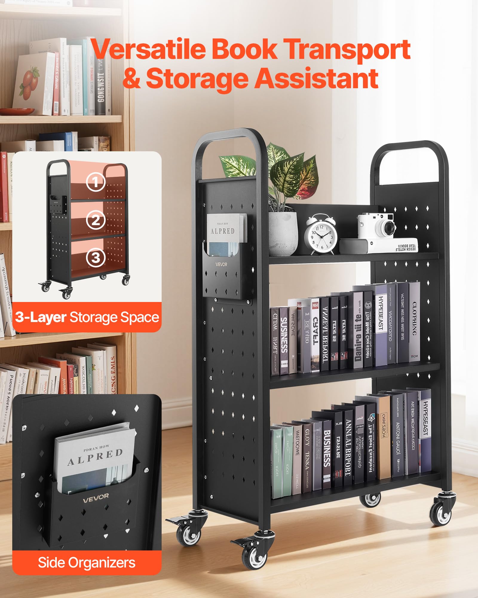 VEVOR Carro para Libros de 3 Niveles Estantería de Libros con Ruedas 77 x 38 x 122 cm Estante de Almacenamiento en Forma de L Carro Rodante para Biblioteca, Librería, Oficina, Escuela, Negro
