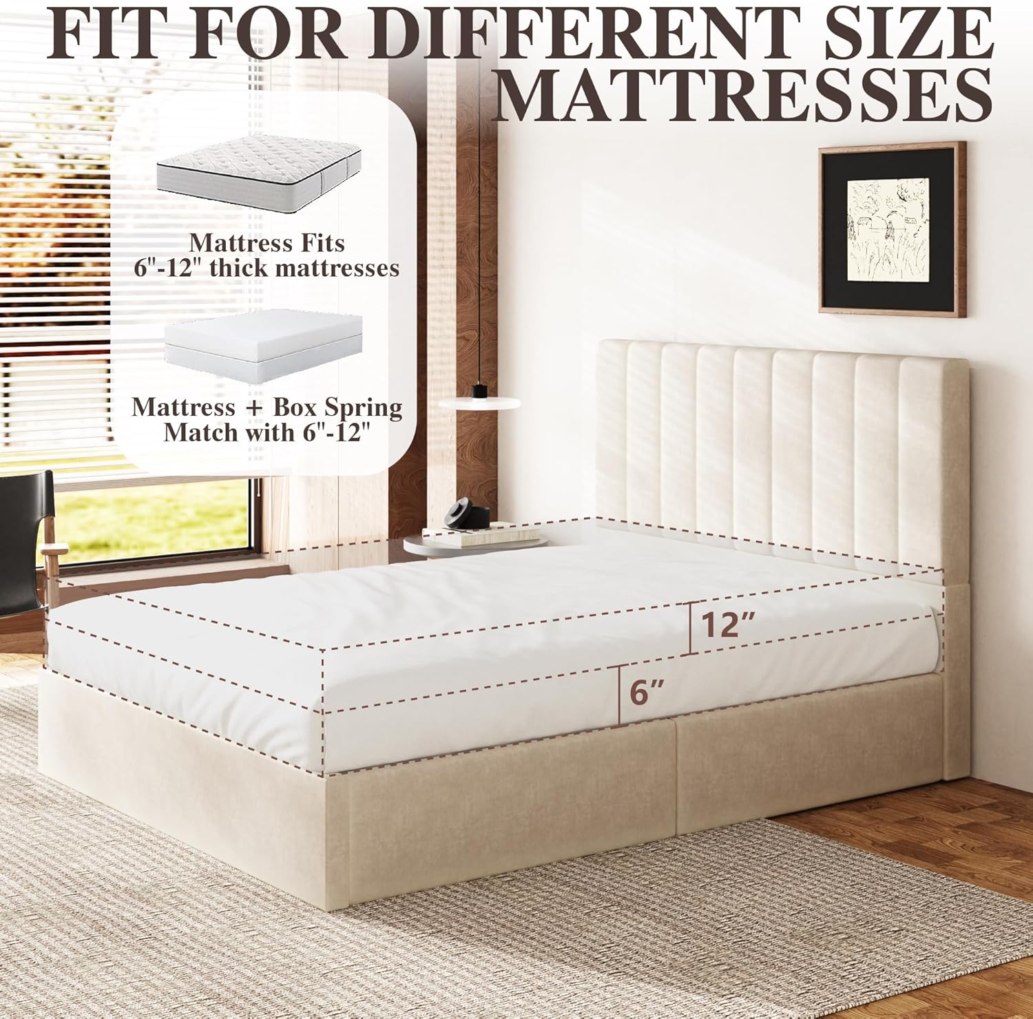 Sismplly Queen Size Cloud Bed Frame with 47" Tall Headboard, Velvet Upholstered Platform Bed with Thickened Sides & Footboard, Modern Floor-Standing Design, No Box Spring Needed, Easy Assembly, Beige