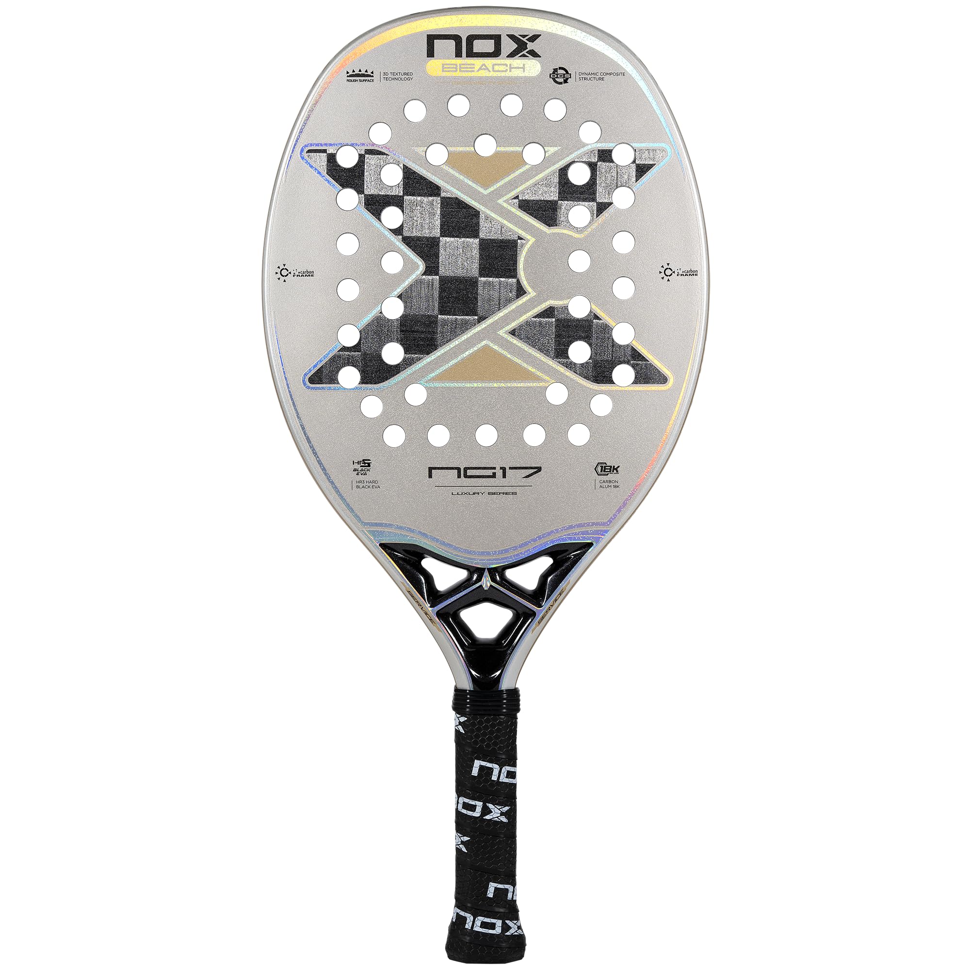 Beach Tennis Racket NG17 Luxury 2023 | High-Performance Beach Tennis Paddle | 18K Aluminized Carbon w/HR3 Black Eva Core | Exclusive Spin & Dynamic Composite Structure | Rough Surface for Extra Spin