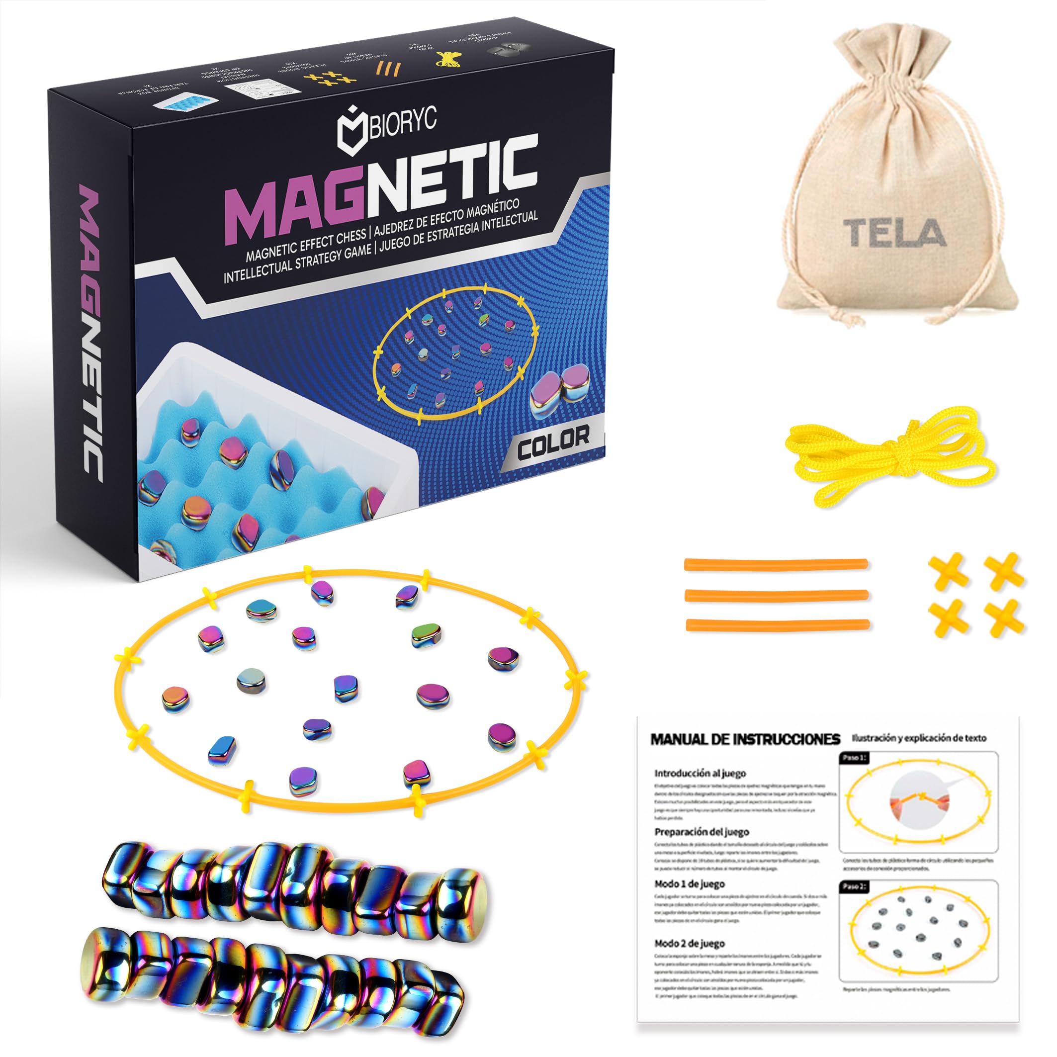 Ajedrez Magnético Color con 20 imanes. Incluye Bolsa de Transporte de Tela, Tablero de Esponja y Accesorios. Juegos de Mesa. Juego de Imanes