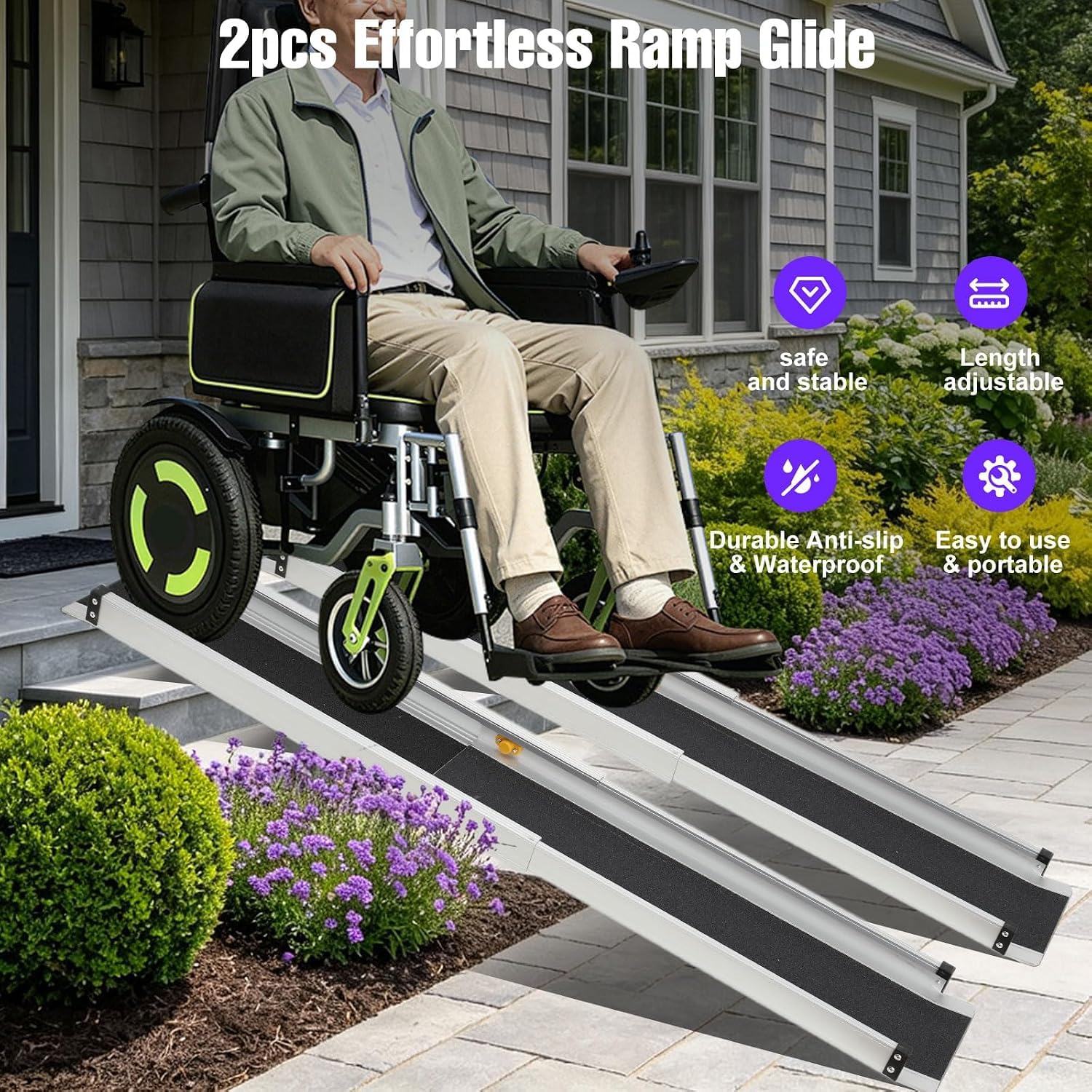 2 Rampas Telescópicas Portátiles para Sillas De Ruedas | Rampa para Umbrales De Puertas Y Escaleras, Capacidad De Carga De 275 Kg, Longitud Extendida De 122 Cm Y Altura Máxima del Escalón De 200