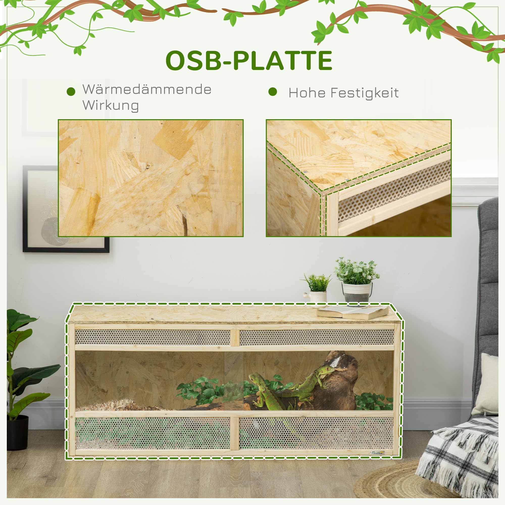PawHut Terrarium für Reptilien 120 x 50 x 50 cm mit Lüftungsgitter Natur | Glas Terrarium, Fütterungsbox mit Schiebetüren aus Glas, Aufzuchtbox für Amphibien, Spinne