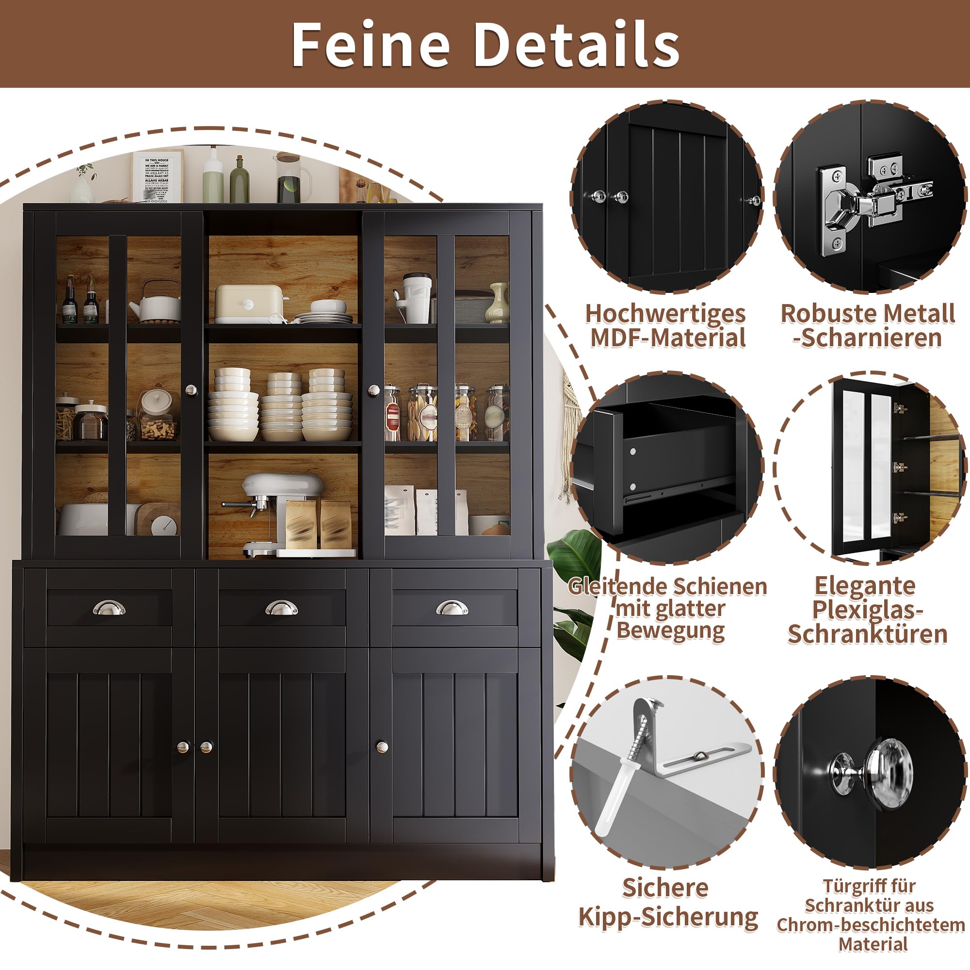 Hochschränke fürs Wohnzimmer,Vitrinenschrank,Küchenschrank,Esszimmerschrank mit Schubladen,Moderner Minimalistischer Hochschrank,Standvitrine für Küche Wohnzimmer Esszimmer(Schwarz (140×38.5×175cm))