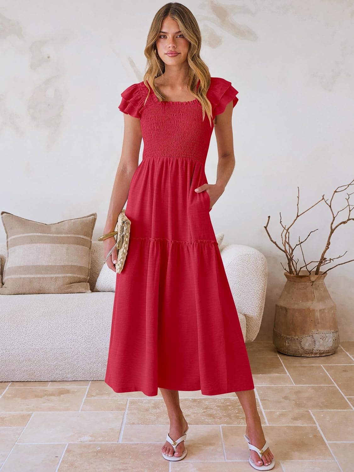 Caracilia Womens Summer Maxi Dress 2026 Casual Ruffle Short Sleeve Square Neck Smocked Flowy Sundress Beach Vacation Clothes - Image 2