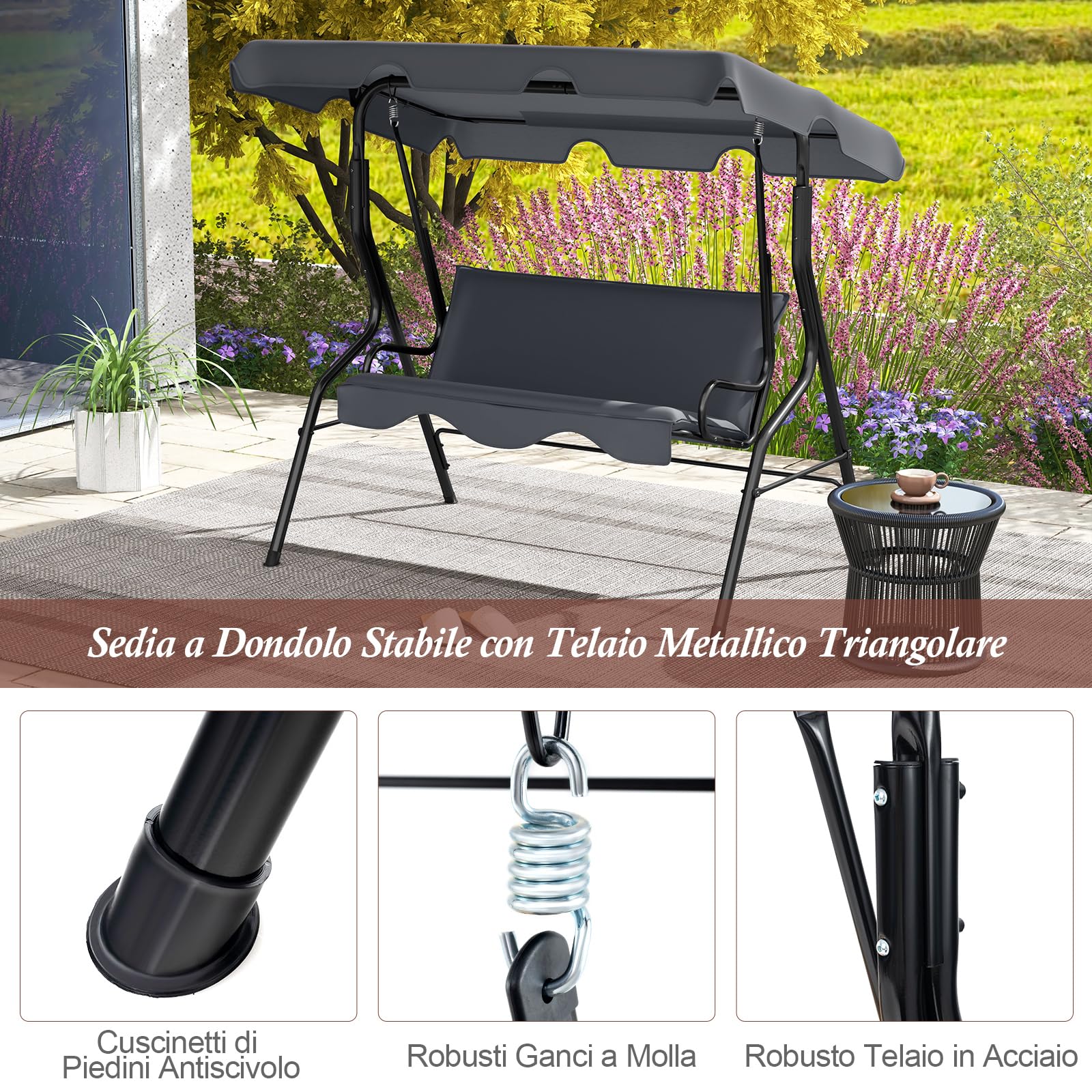 RELAX4LIFE Dondolo da Giardino a 3 Posti, con Tettuccio Parasole Regolabile, Cuscini Imbottiti, Braccioli, Telaio in Acciaio, per Balcone, Terrazzo, Patio, Veranda (GRIGIO, 3 POSTI- 2026)