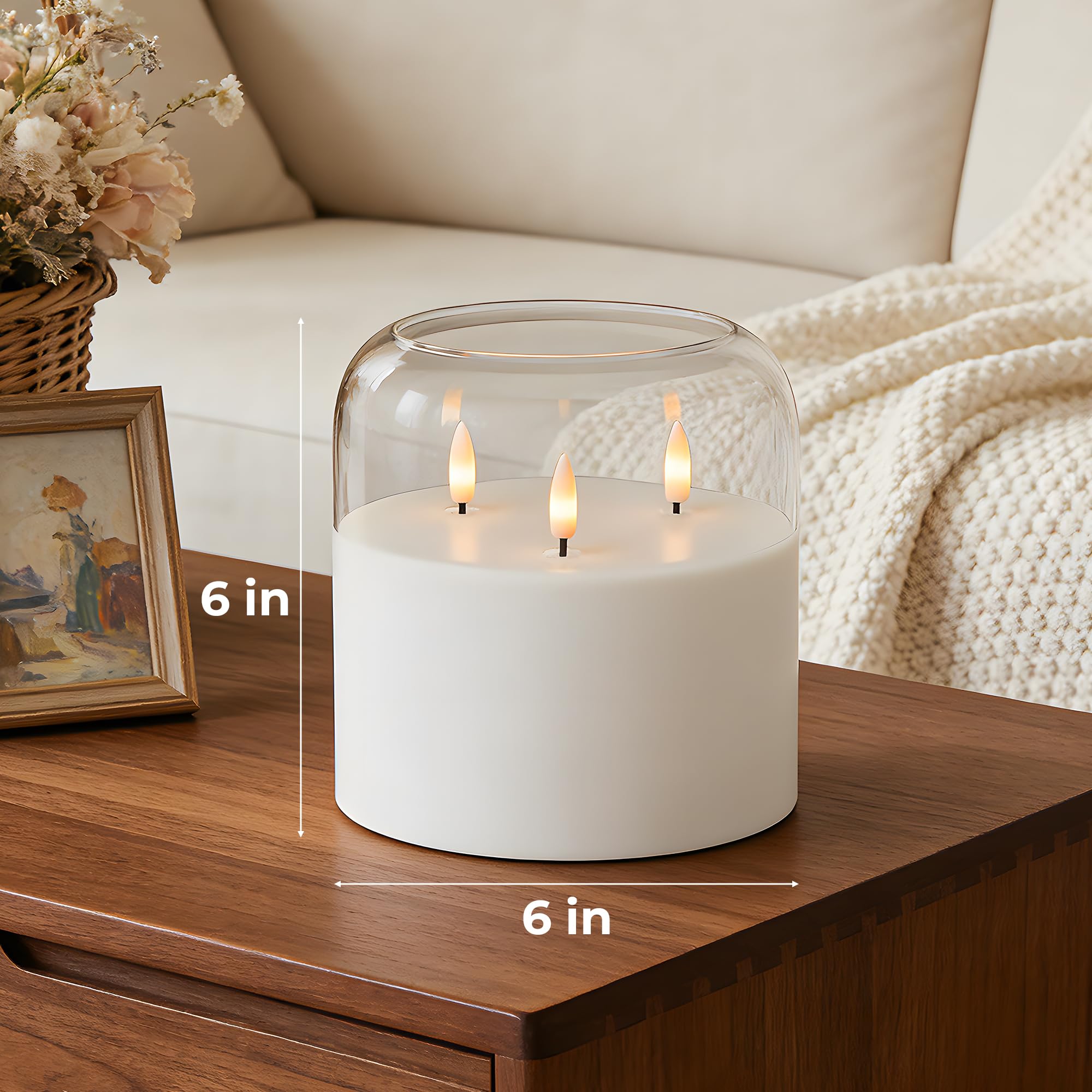 Candela in vetro senza fiamma a 3 stoppini con telecomando e timer, 15,2 x 15,2 cm, extra large, candela a pilastro a LED in vera cera, funzionamento a batteria, con fiamma tremolante 3D, per