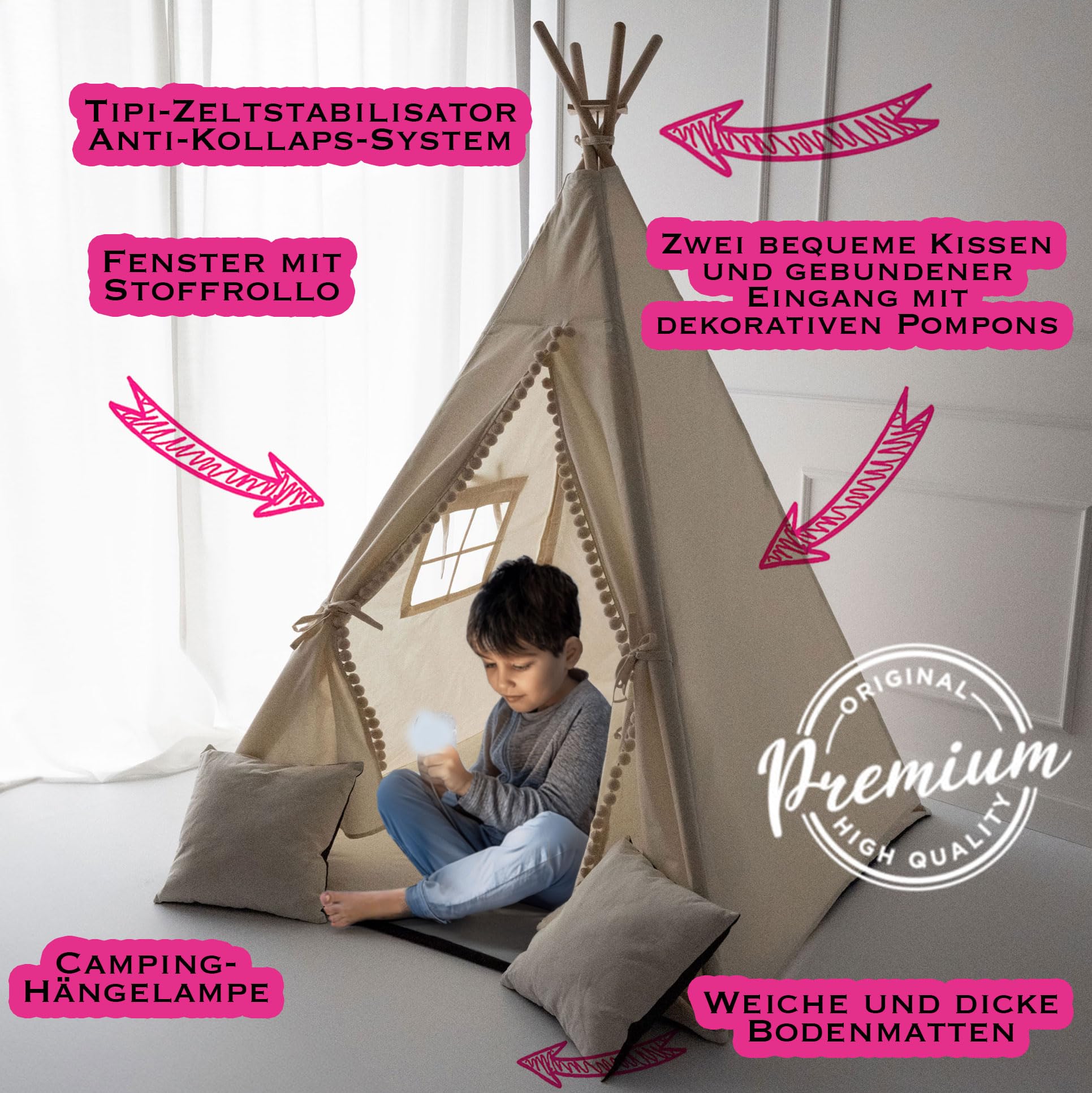 PaLulli Tipi Tente de jeu pour enfant avec tapis, système anti-collaps et 2 coussins décoratifs en toile de coton, caramel