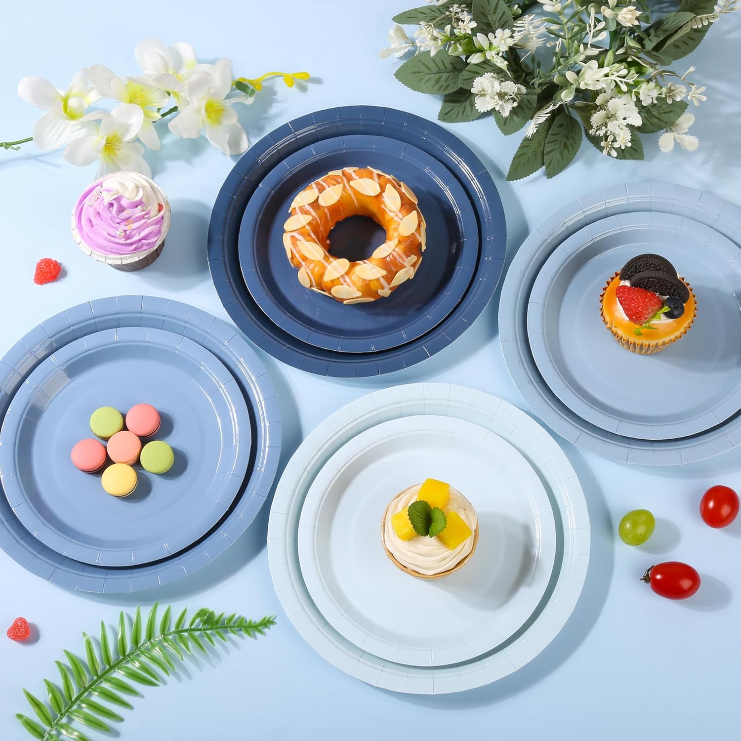 AimFun 96Pcs Dusty Blue Party Plates Gradient Colors Paper Plate 7 Inch 9 Inch Disposable Round Dinner Dessert Plates Set for Birthday Wedding Bridal Baby Shower Christmas Party Supplies
