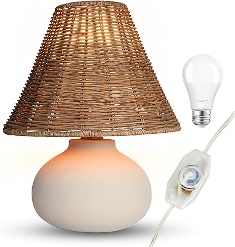 Miniatura 9 de Lámpara de mesa pequeña de 11 pulgadas, base de cerámica crema hecha a mano con pantalla de mimbre de ratán, luz regulable para mesita de noche