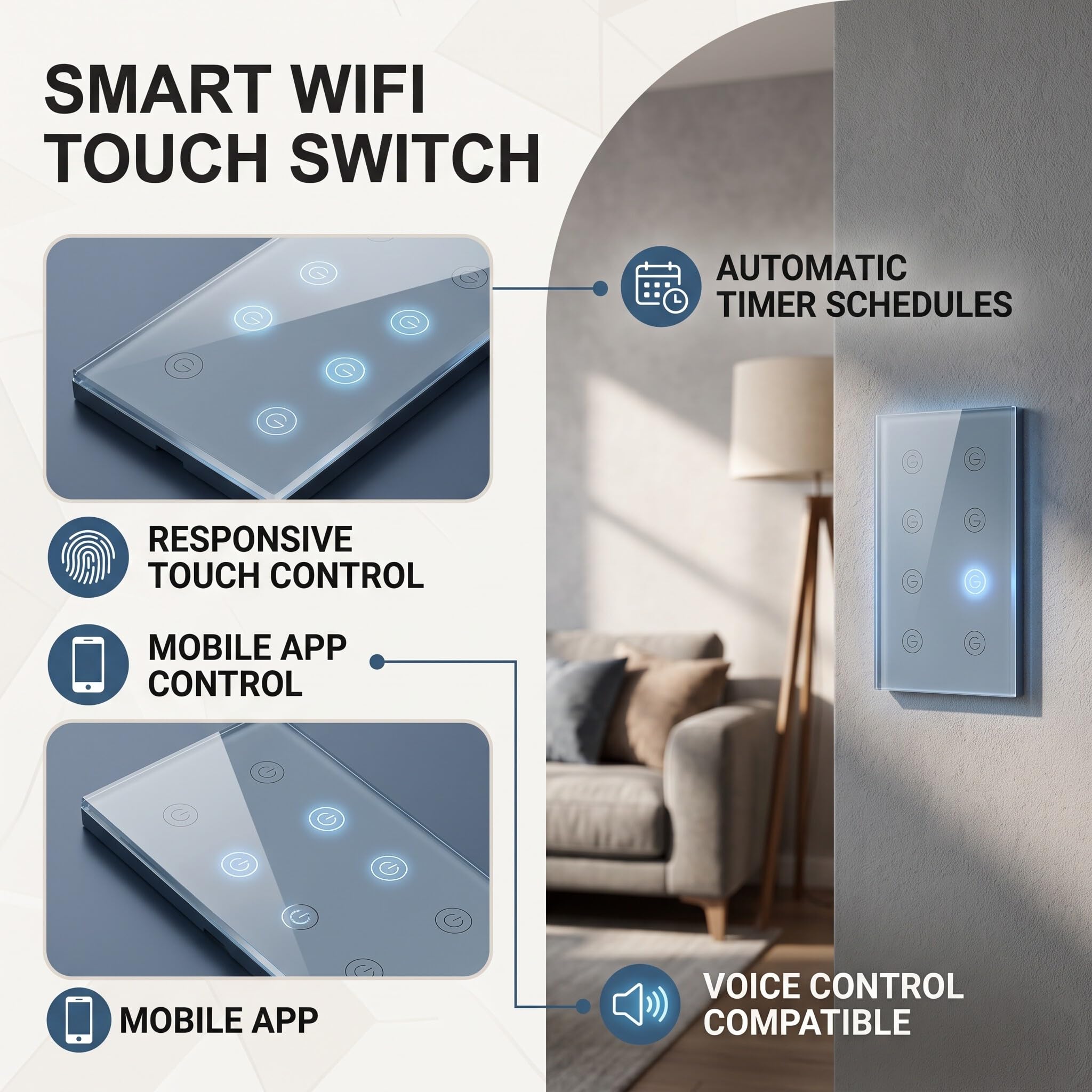 8 Gang Smart Light Switch Panel compatibile con Google Home AC100-240V