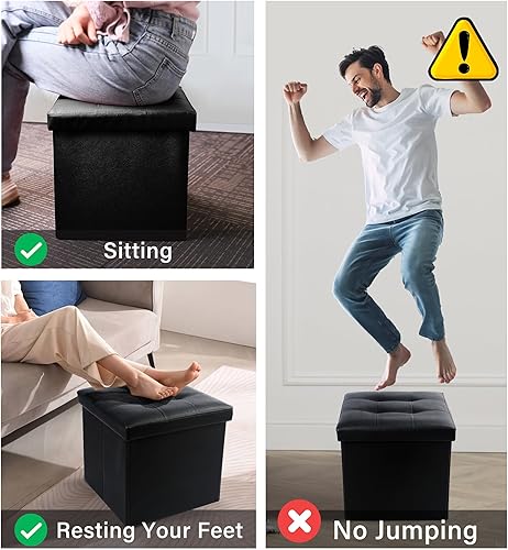 Miniatura 4 de LotFancy Otomana de almacenamiento, taburete plegable para reposapiés, banco pequeño de cuero de 13 x 12 x 12 pulgadas con almacenamiento, soporta