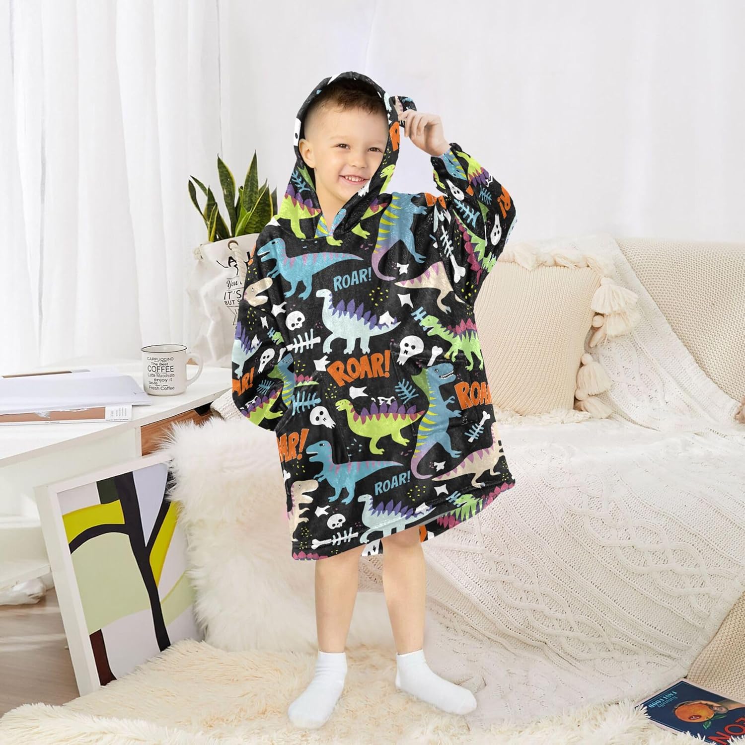 Cute Dinosaur Kids Wearable Blanket Hoodie with Pocket and Sleeves for Toddlers, Cute Hoodies Girls Boys B0404080