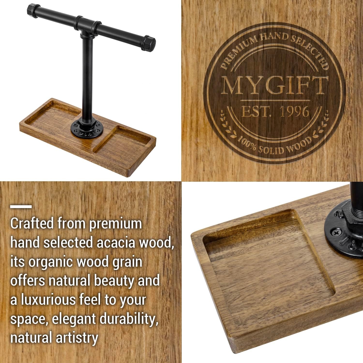 MyGift Premium Acacia Solid Wood and Industrial Black Metal Pipe T-Bar Over Ear Headphones Holder, Tabletop Dual Headphone Display Stand with Accessories Tray