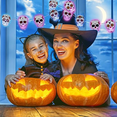 Miniatura 6 de Guirnalda de luces de calavera de Halloween, 20 luces LED de 10 pies con diseño de calavera para el Día de los Muertos, funciona con pilas, luces
