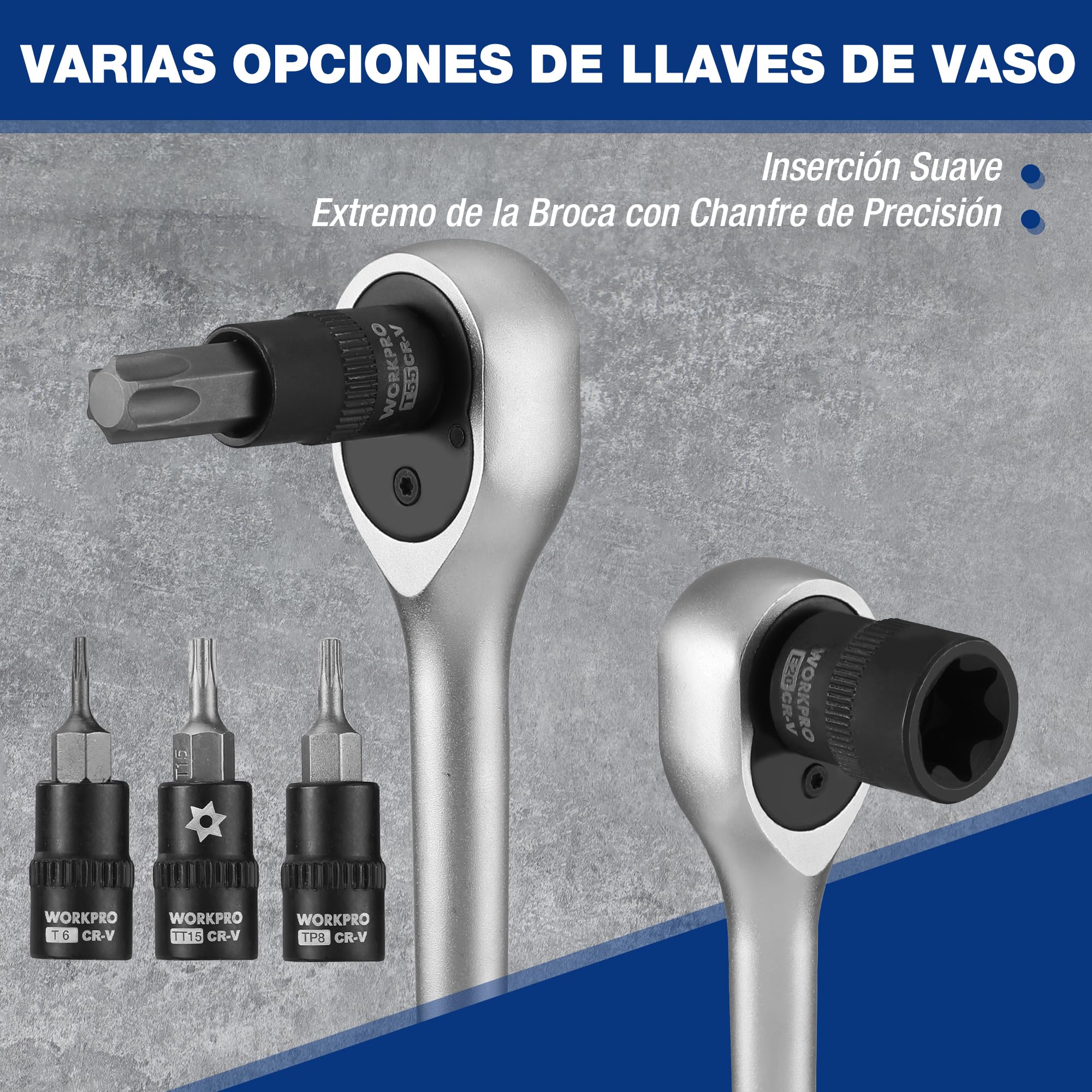 WORKPRO Juego de 60 Piezas de Llaves de Vaso y Puntas Torx, de 1/4", 3/8" y 1/2", Vasos Hembra E-Torx E4-E24, Vaso de Ajuste a Presión T6-T70, Acero Aleado Cr-V y S2