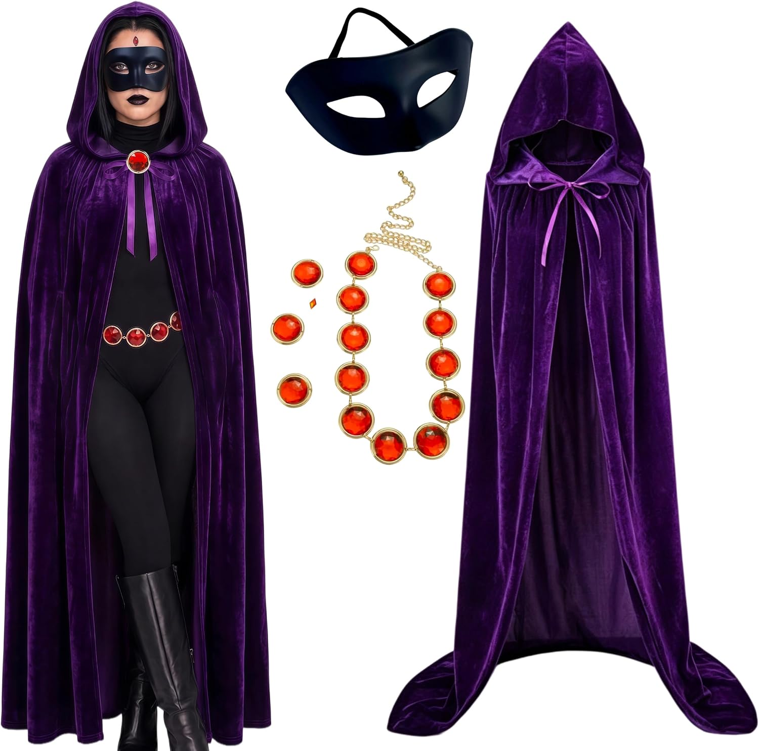 Purple Hooded Cape with Red Gem Waist Belt & Mask, Anime Cosplay Halloween Costume Accessories for Women