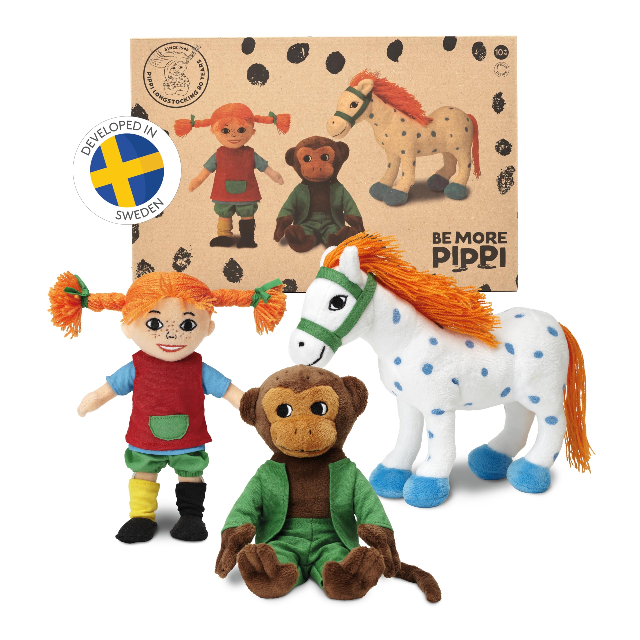 Pippi Langstrumpf Kuscheltier-Set - Mit Pippi Stoffpuppe (20 cm), Herr Nilsson AFFE (16 cm) & Kleiner Onkel Pferd (22 cm) - Offiziell lizenziert, Plüschtier klein für Kinder