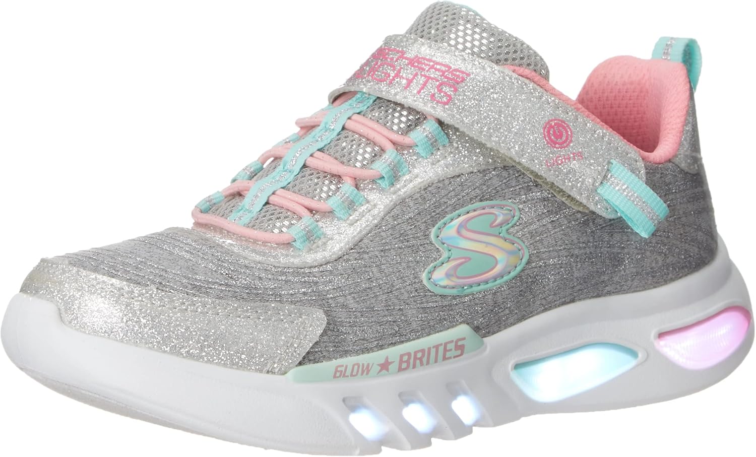 Skechers Kids Girls Glow Brites Sneaker, Light Grey, 11 Little Kid