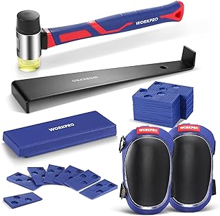 WORKPRO Laminate Flooring Installation Kit - Rubber Mallet with Fiberglass Handle, Knee Pads, Heavy Duty Pull Bar, Solid Tapping Block and Spacers - Premium Wood Flooring Installation Tool
