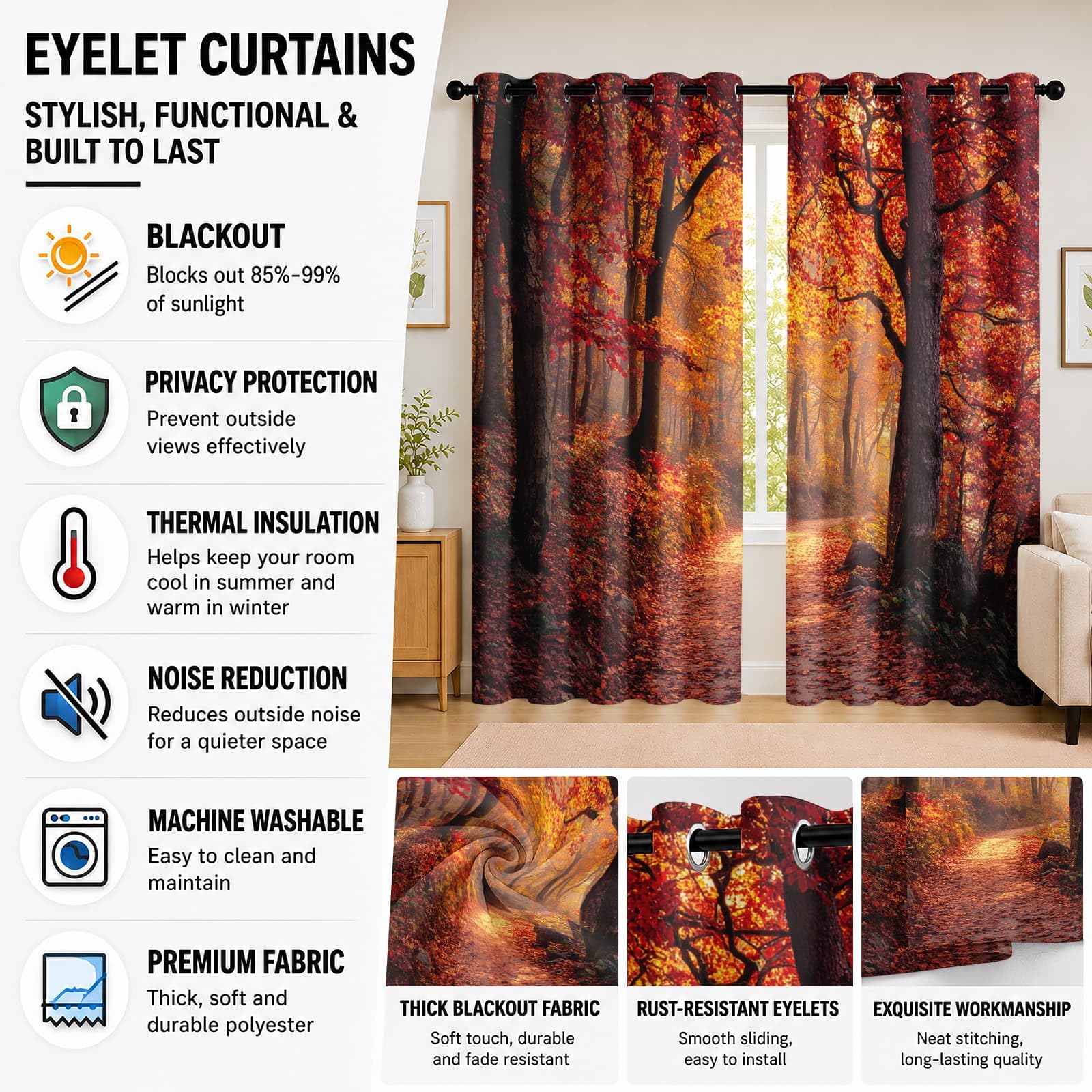 Genérico Blackout Cortinas Salon Opacas 2 Piezas 140An x 260Al cm, Paisaje de Bosque Cortinas Termica Dormitorio con Ojales Naranja Rojo Visillos Acusticas Privacidad Suave