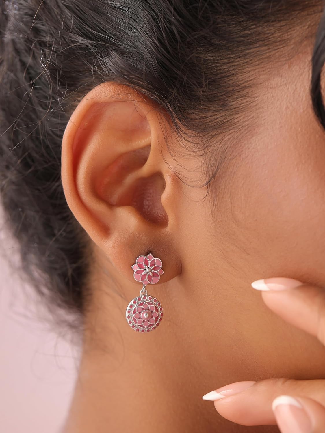 Hand-Enameled Lotus Jhumka Earrings for Women | Navicia Rosa Collection | Traditional Indian Ethnic Statement Dangle Earrings for Bridal & Festive Wear - Image 2