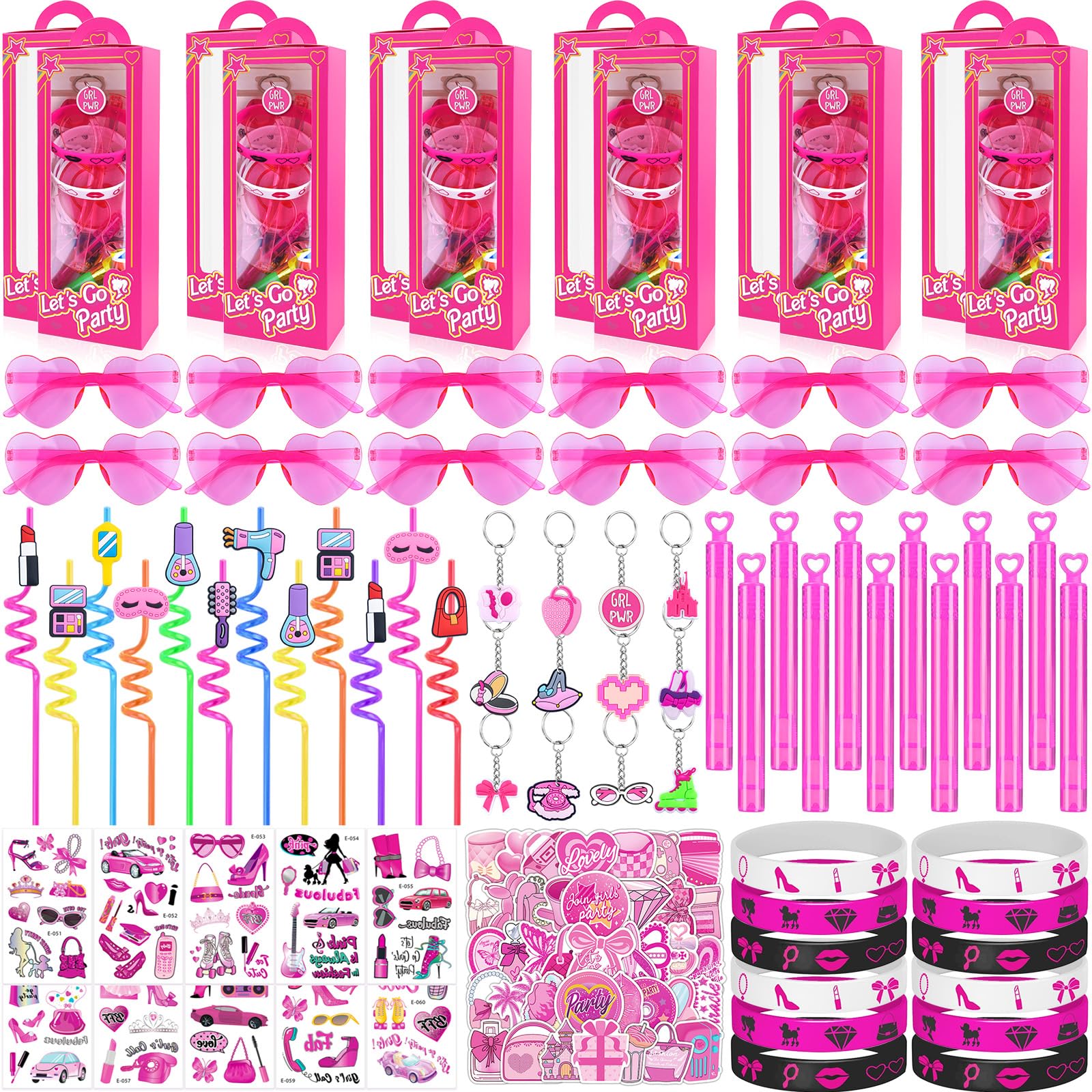 We1stdsee 132Pcs Pink Girls Party Favors Pack - For 12Guests, Includ Goodie Box Heart Glasses Straws Bubble Wands Tattoo Sticker Bracelet Keychain,