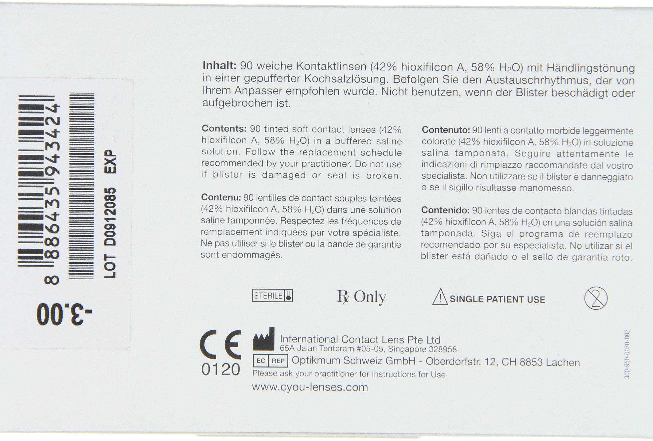 Cyou Daily Lenses Tageslinsen weich, 90 Stück / BC 8.7 mm / DIA 14.2 / -3,00 Dioptrien