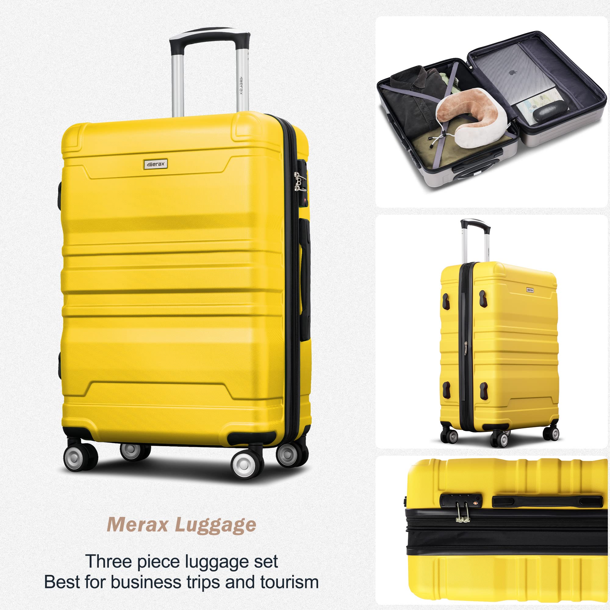 Merax 3 Piece Expandable Spinner Luggage Sets ABS Hardside Suitcase TAS Lock Suit Case Lightweight, Yellow, (20/24/28)