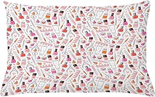 Lunarable Makeup Throw Pillow Cushion Cover, Manicure Equipment Pattern with Nail Polish Tools for Women Pastel Colored Cosmetics, Decorative Rectangle Accent Pillow Case, 26