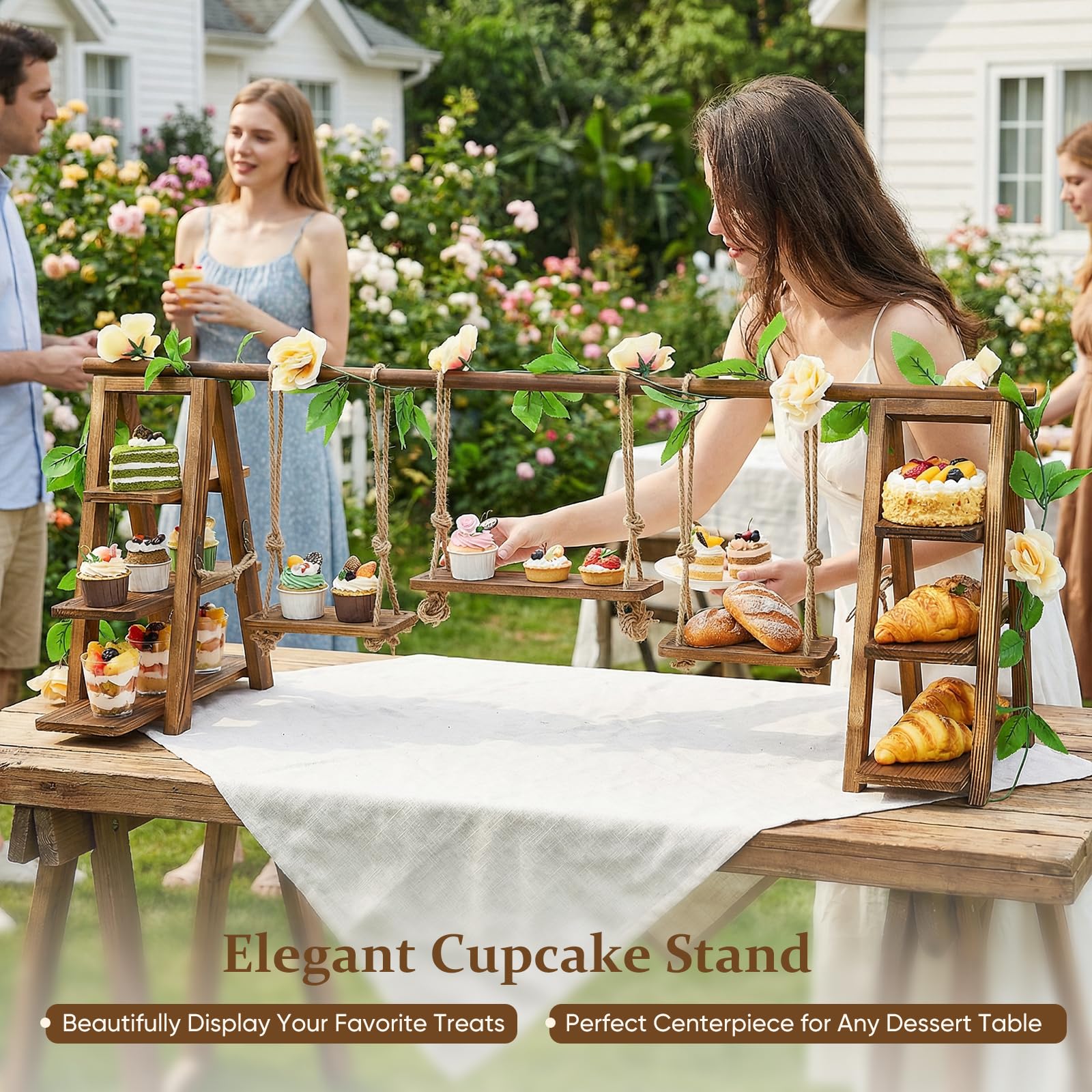Holz Cupcake Ständer 3‑stufig, 121cm Großer Akazienholz Kuchenständer, Faltbarer Dessert Präsentierständer mit Schrägen Etagen für Geburtstag, Nachmittagstee, Hochzeit, Party, Café