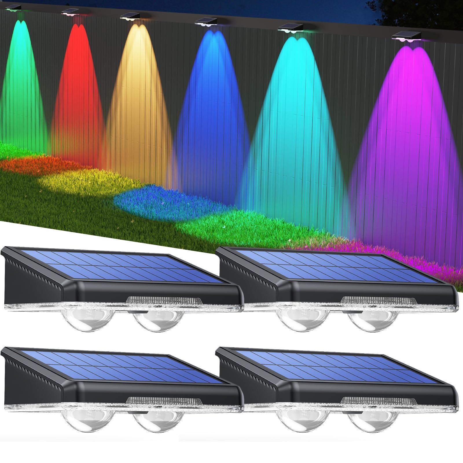 TECKNET Solar Fence Lights Outdoor Garden, 4 Pack Solar Wall Lights Outdoor IP65 Waterproof, Bright Solar Powered Garden Fence Lights RGB Mode for Outside Deck Patio Decking Gate Yard Decoration