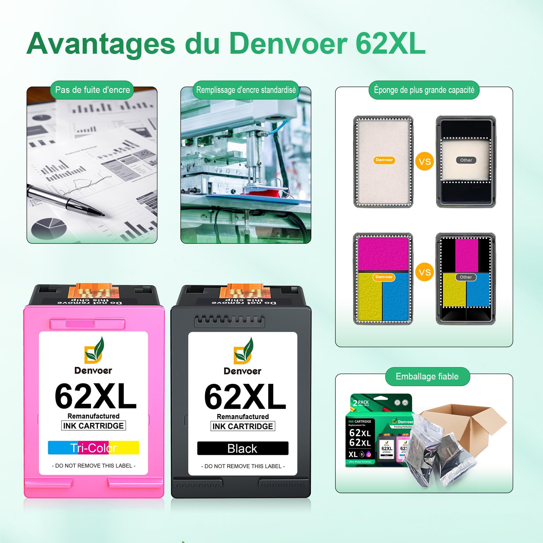 Denvoer 62XL Cartouches remanufacturées Noir et Couleur pour HP 62