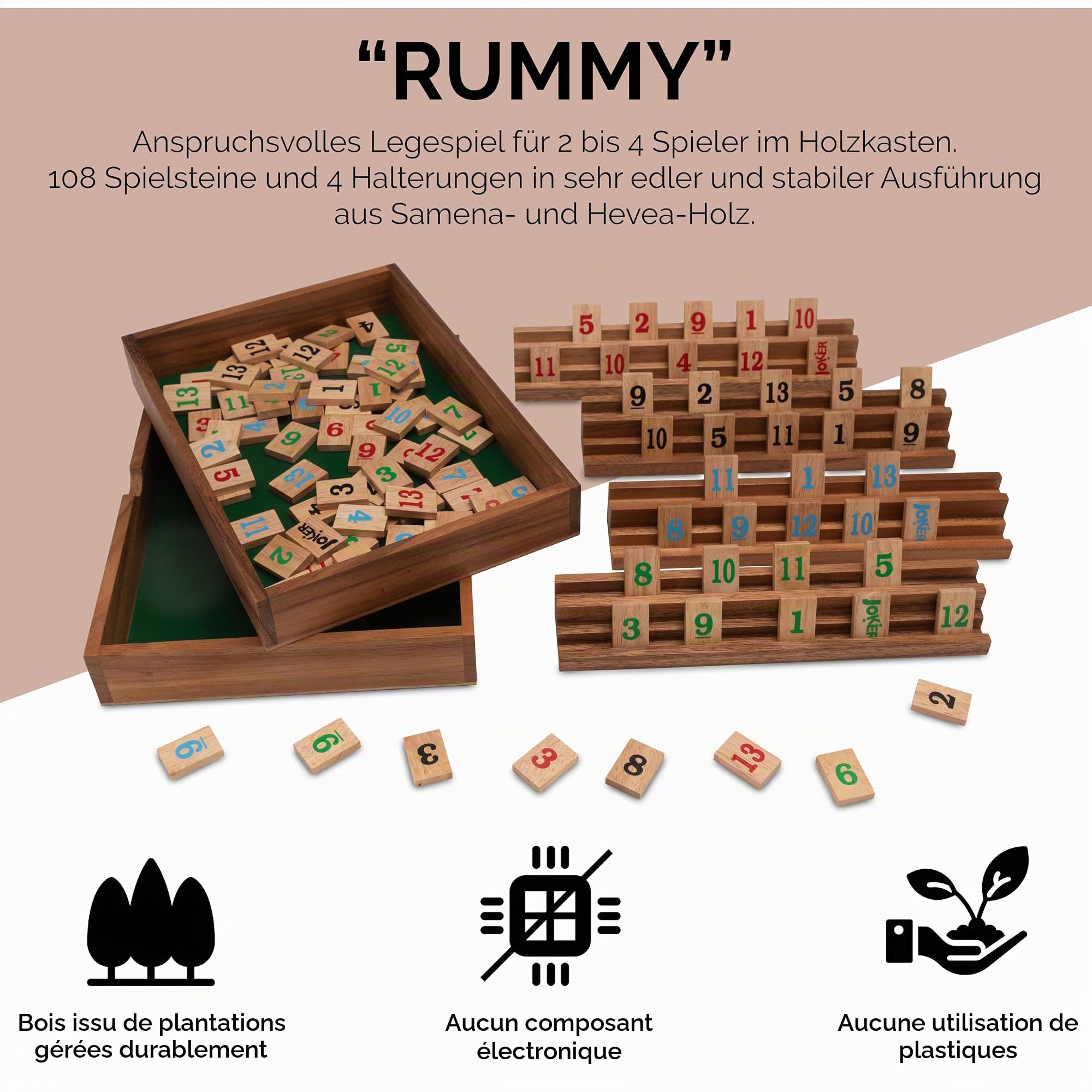 LOGOPLAY Rami - Jeu de société - Jeu de Placement avec 108 pièces au Design très Noble en Bois de Samena et d'Hévéa