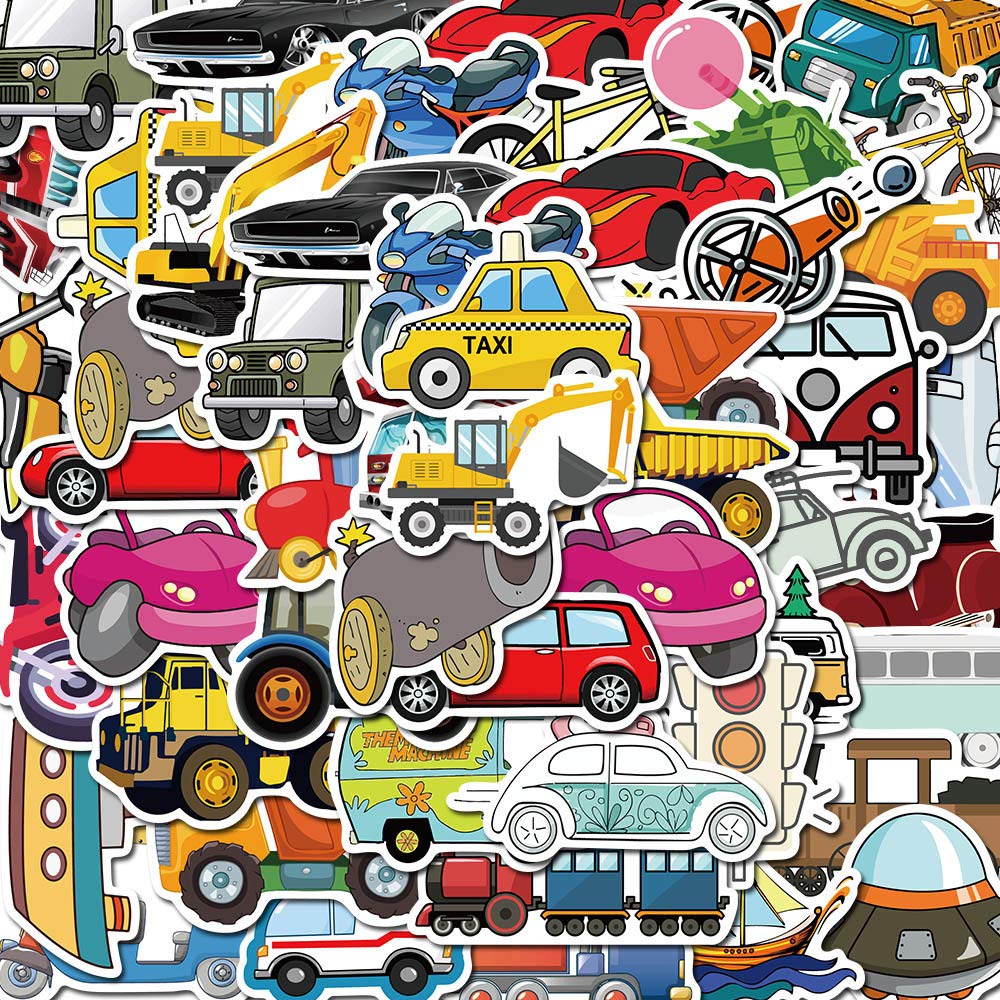 Adesivi carini per trasporto a vela, escavatore, auto, treno, per casco, laptop, PS4, chitarra, giocattoli per bambini, 50 pezzi