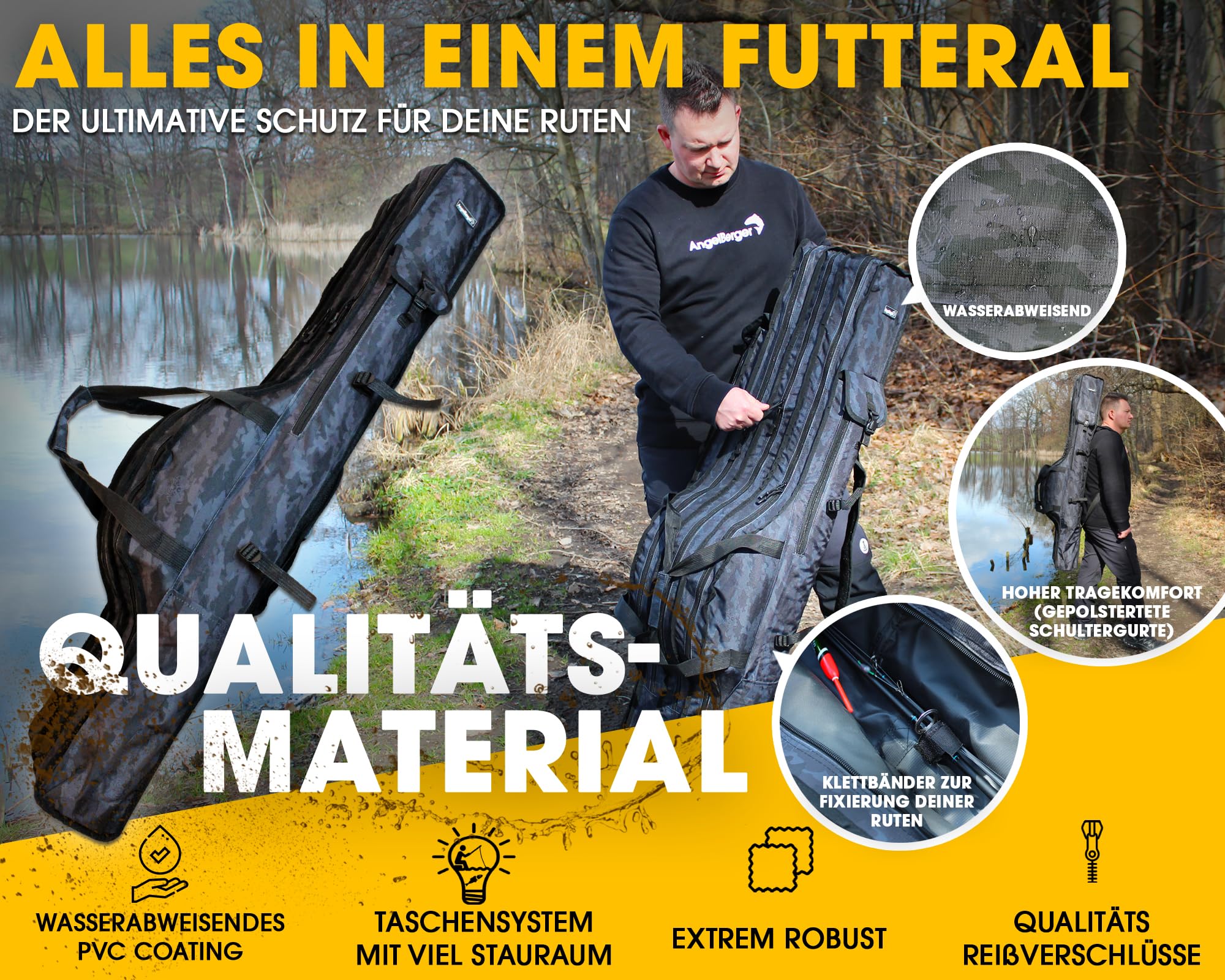 Angel-Berger Rutentasche Rutenfutteral viele Modelle Verschiedene Längen (3 Fächer 1.60m)