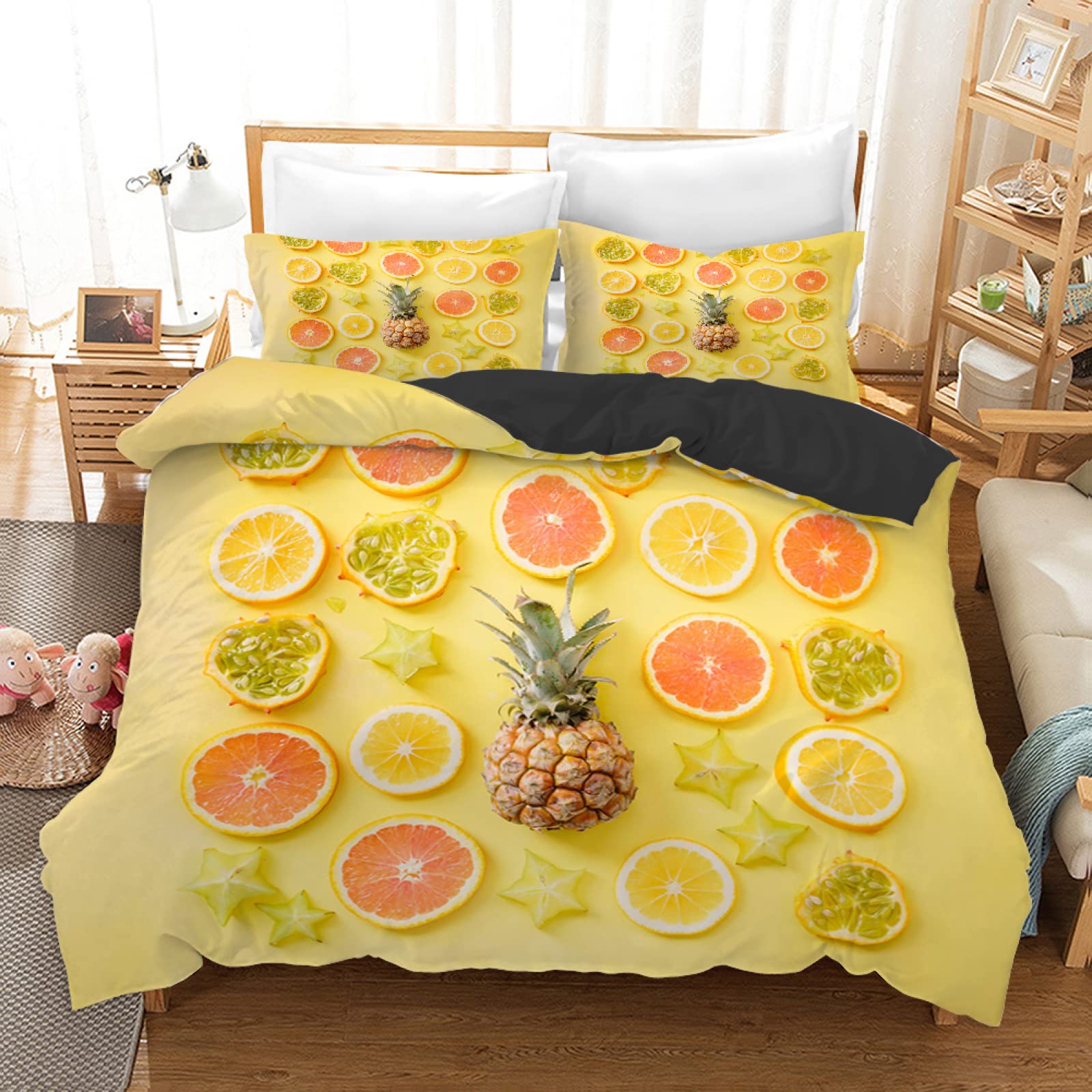 Housse de couette 90x190 microfibre 110g/㎡ parure de lit enfant ado motif ananas jaune