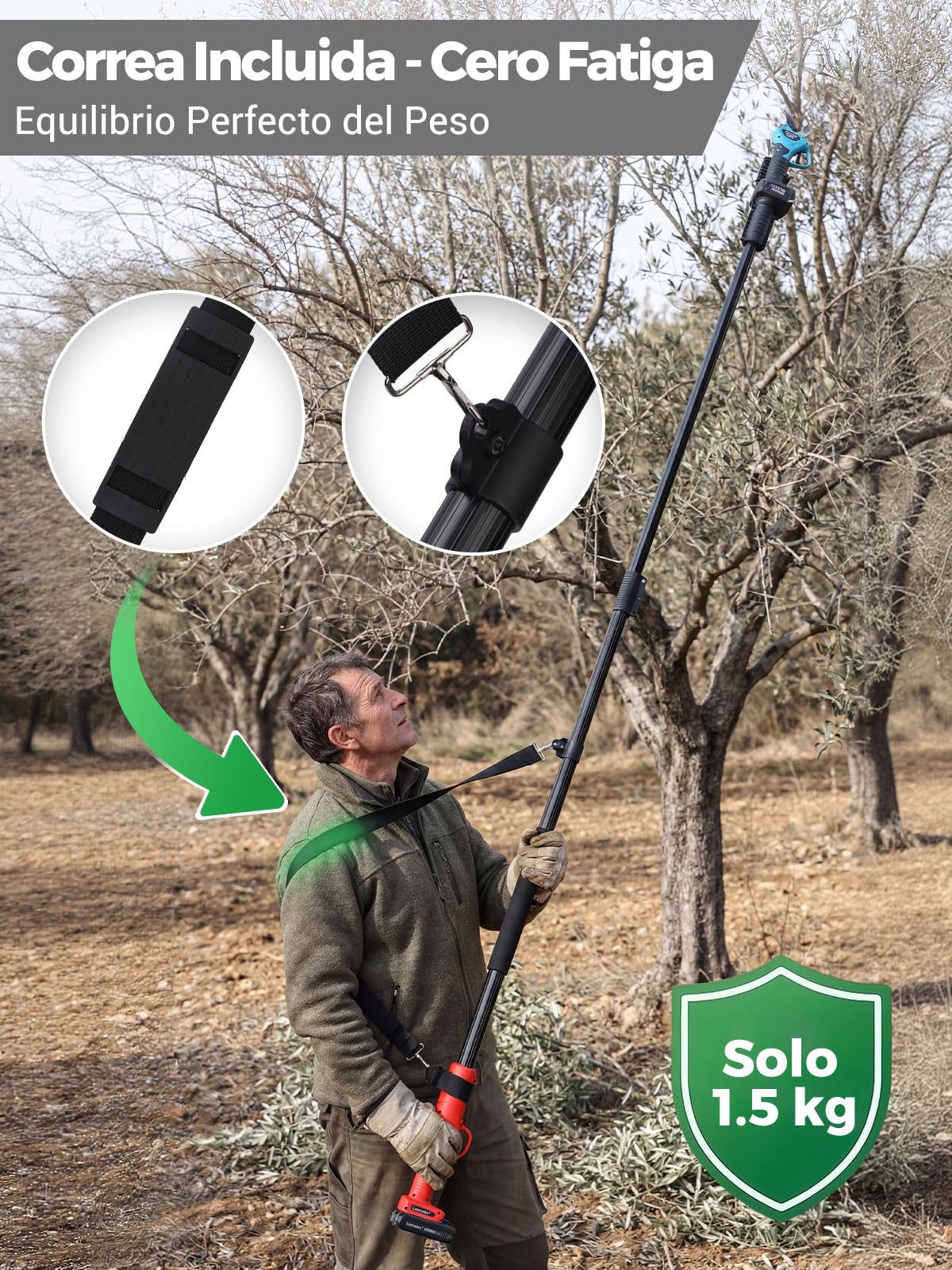 Laecabv Barra de Extensión Telescópica 2.5M para Tijeras de Podar Eléctricas (SOLO Modelo LA40)- Pértiga Extensible de Aluminio Ligero con Correa, Poda de Ramas Altas desde el Suelo Sin Escalera