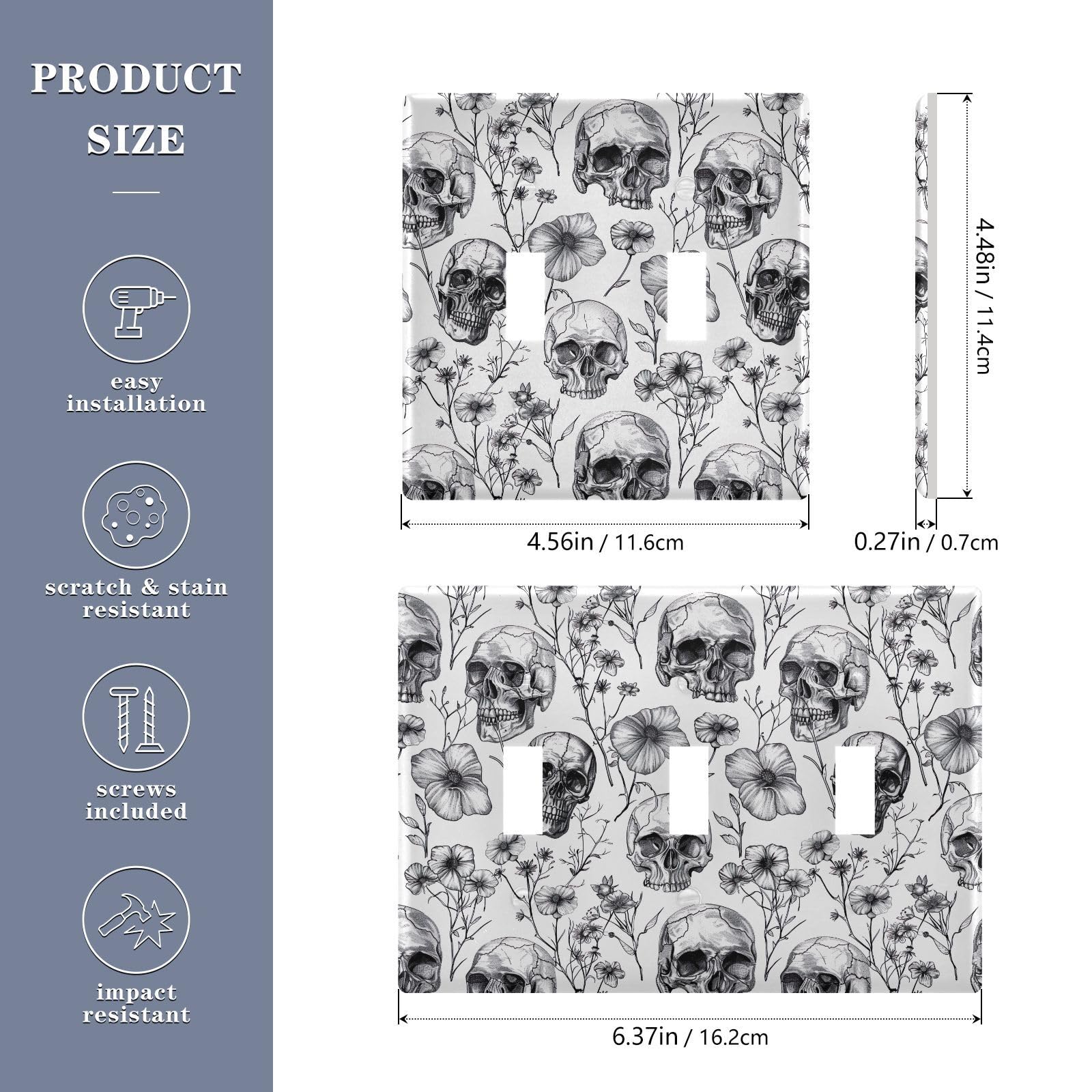 Light Switch Cover Black White Skull Flowers Wall Plates for Electrical Outlets 3 Gang 202b5808