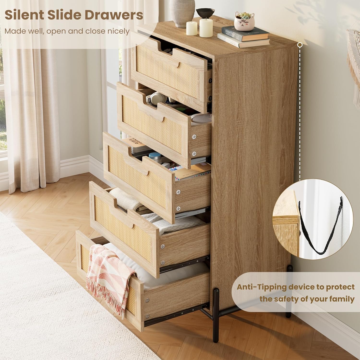 IDEALHOUSE Natural Rattan 5-Drawer Tall Dresser,Wooden Chest with Deep Drawers & Sturdy Legs,Versatile Cabinet for Bedroom, Living Room,Entryway, Nursery,Oak