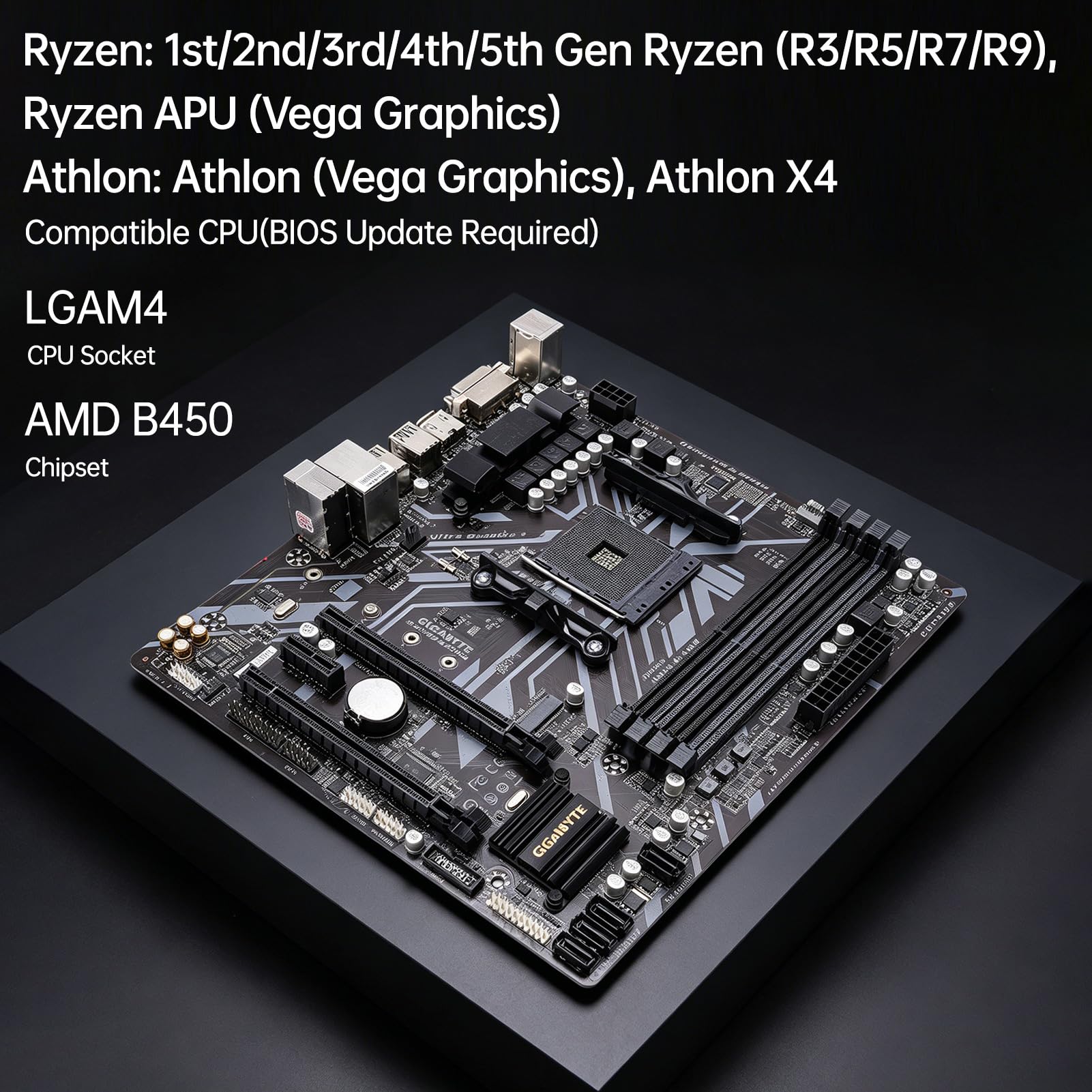 LICAEVEY Scheda Madre B450M DS3H, Socket AM4 Supporta Processori Ryzen R3 R5 R7 R9 di Prima 2a 3a 4a 5a Generazione e Athlon, 128 GB DDR4 3600 MHz OC 4 Slot DIMM