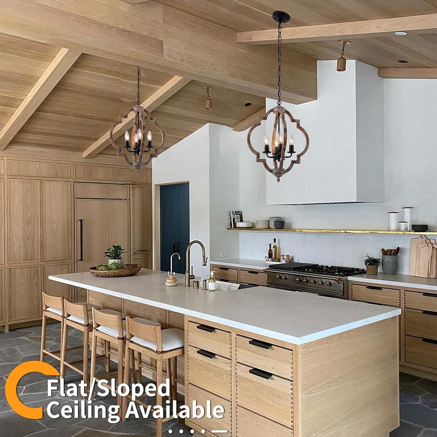 16.14" 4-Light Farmhouse Wood Chandelier, Rustic Orb Pendant Lighting Fixture with Adjustable Chain, Vintage Ceiling Hanging Lights for Foyer Entryway Dining Room Kitchen Island, Handmade Oak Finish