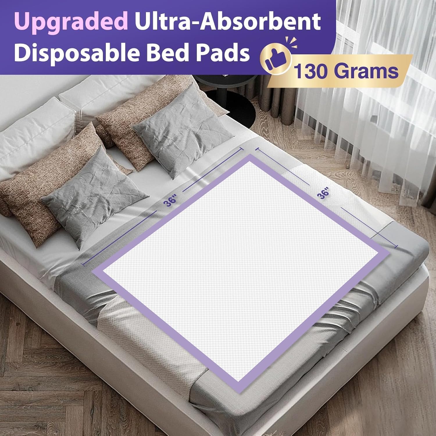 130 Grams Heavy Duty Bed Pads 36''X36'', 50 Count Purple Disposable Underpads with Anti-Slip Film, Extra Large Chucks Pads, 3XL Thicker Incontinence Pads for Adults, Kids or Pet - Image 2