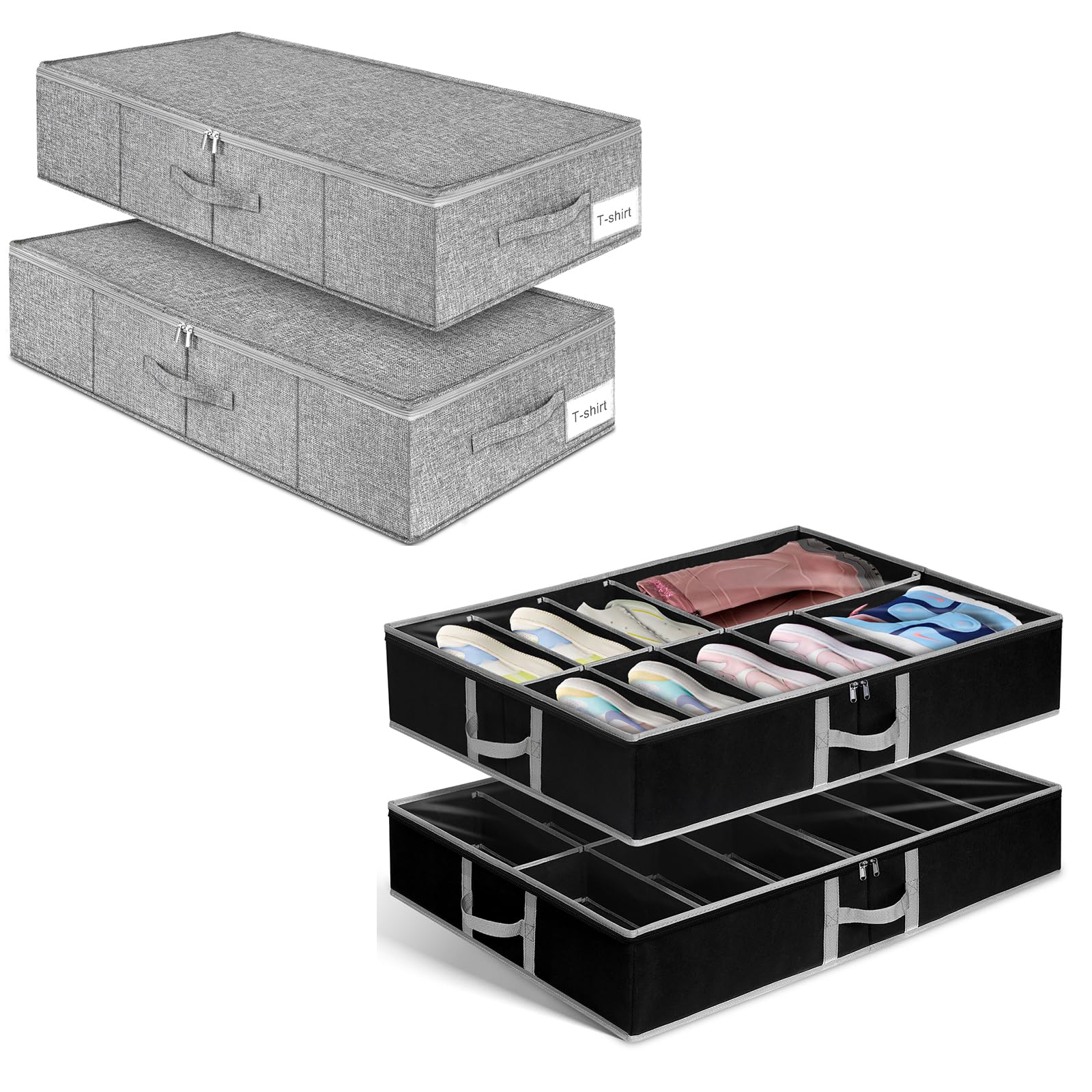 punemiUnder Bed Storage& Under Bed Shoe Storage Organizer, 2 Pack Underbed Storage Container Bags With Lid, Adjustable Velcro Design Shoe Storage Containers with 3 Sturdy Handles